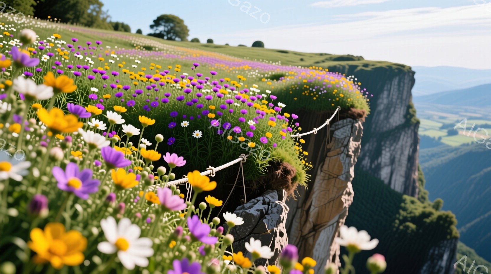岩肌に咲き乱れる紫、白、黄色の花々が印象的な風景です。崖の上に立つ女性は、黒いジャケットを着ており、髪は後ろでまとめています。背景には緑豊かな丘陵地帯と霞んだ遠くの山々が広がり、晴天の下、穏やかで自然豊かな雰囲気が漂います。