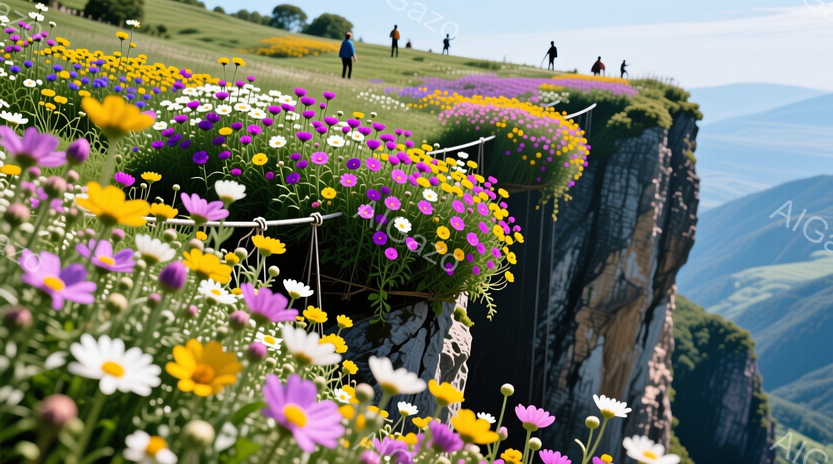 鮮やかな野花が咲き乱れる崖の上に、数人のハイカーが歩いている。彼らはそれぞれ異なる色のスポーツウェアを着用しており、遠くの山々を背景に、穏やかな表情で歩を進めている。青空と緑豊かな山々、そして崖一面に咲き誇る花々が、自然の美しさと平和な雰囲気を醸し出している。
