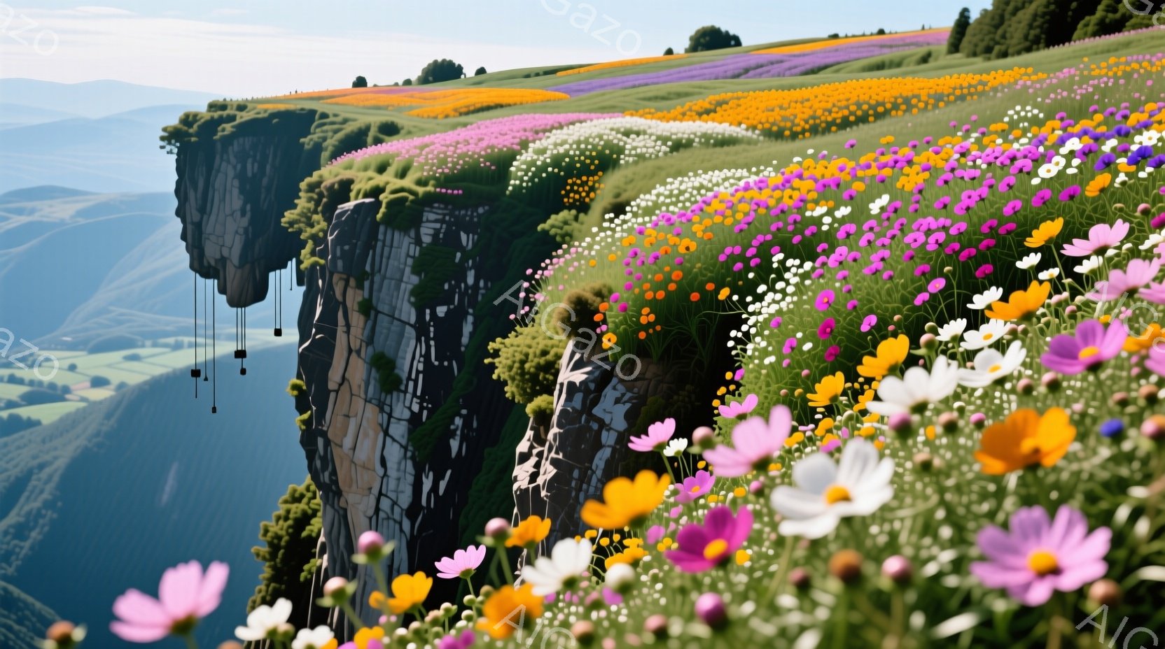 険しい崖の上に、色とりどりの花々が咲き乱れる幻想的な風景が広がっています。崖はまるで空中に浮かんでいるかのように見え、その下に広がる緑の谷と青い空が美しいコントラストを生み出しています。全体的に穏やかで夢のような雰囲気が漂い、自然の美しさと神秘性を感じさせます。