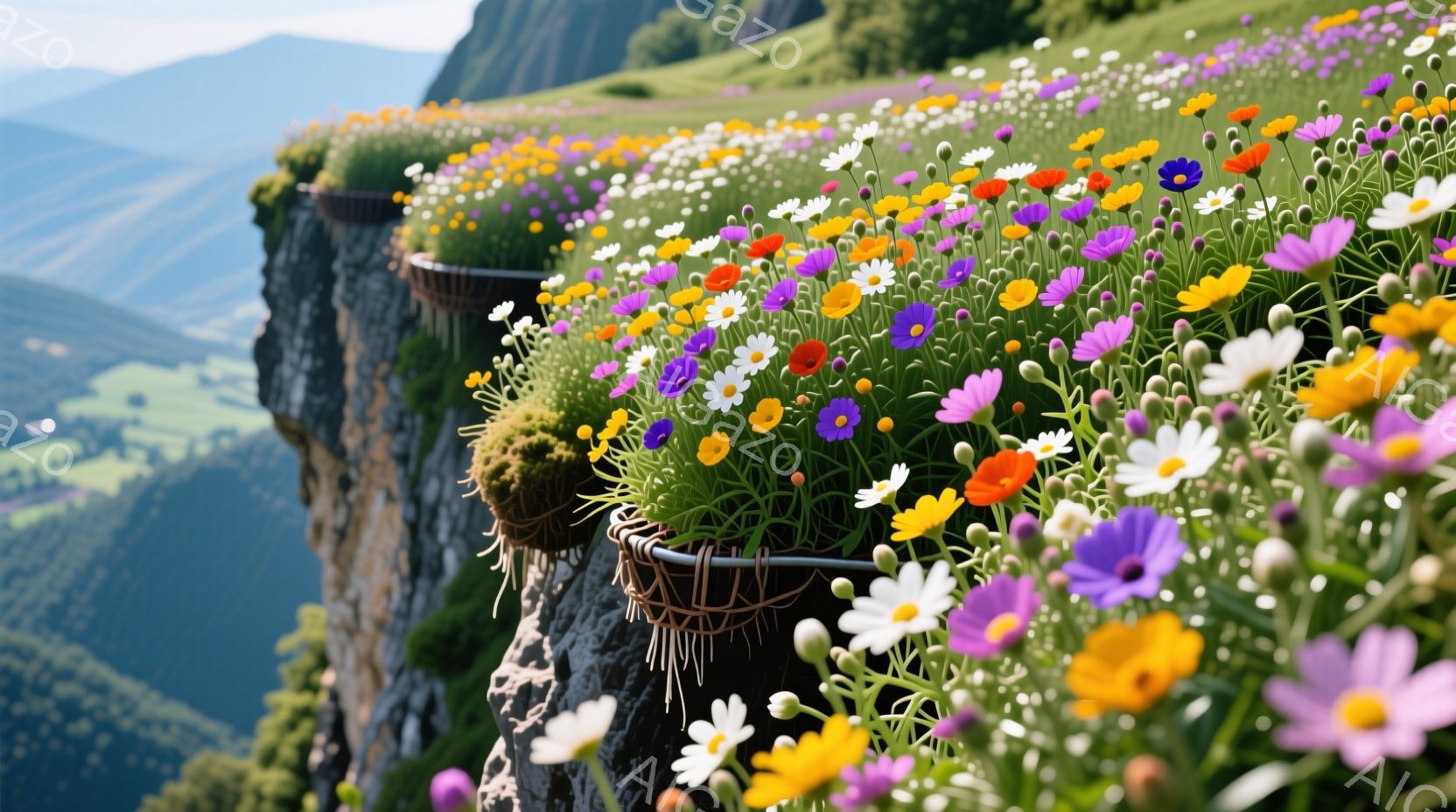 切り立った崖の上に、色とりどりの花々が咲き乱れる様子が捉えられています。花々は籠に入っており、緑豊かな崖の縁に配置され、背景には緑の丘陵地帯と遠くの山々が広がっています。晴天の下、自然の美しさと生命力に満ちた、穏やかで美しい雰囲気が感じられます。