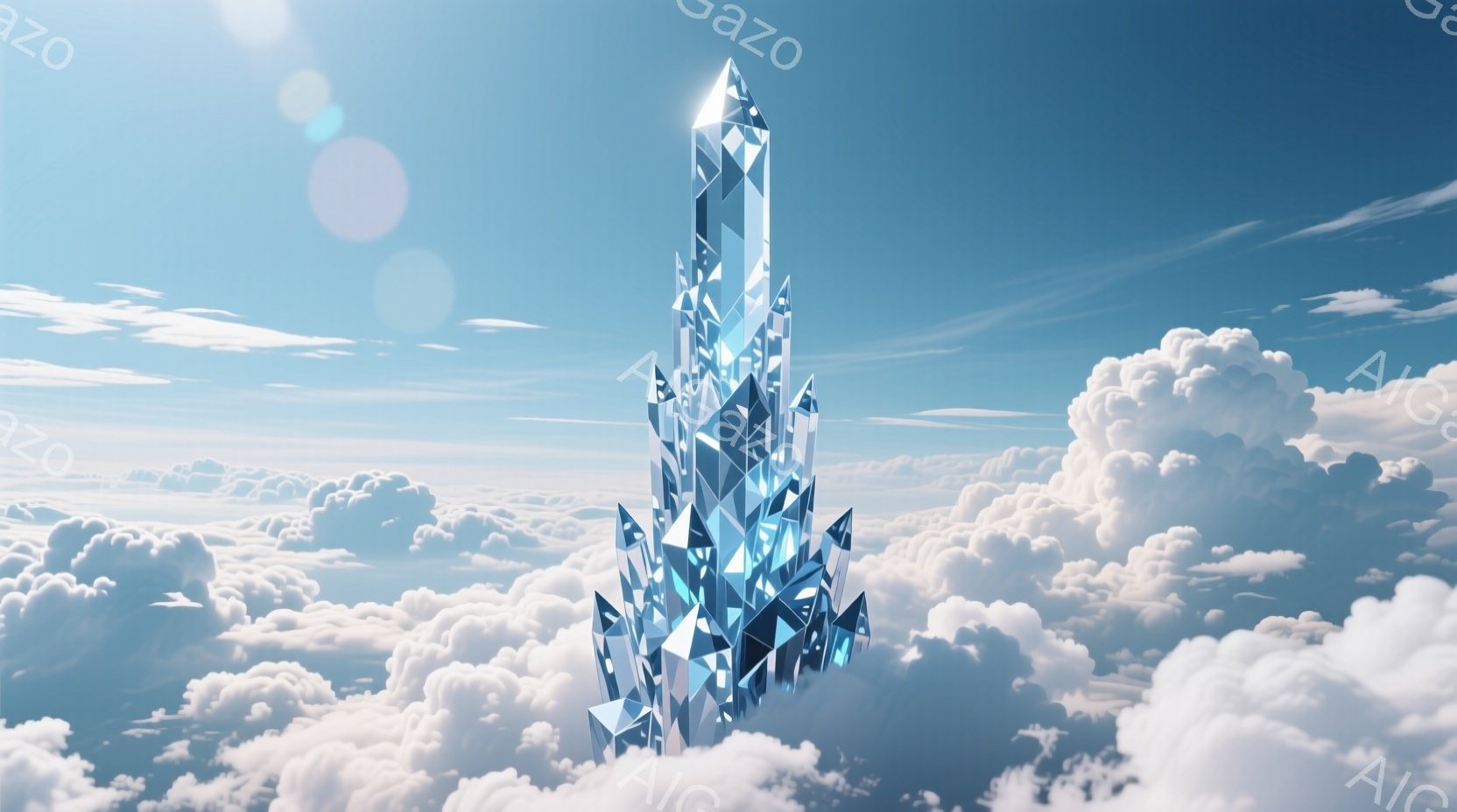 雲海の上にそびえ立つ、複雑な形状のクリスタル構造物が印象的な光景です。無数の結晶体が積み重なり、まるで氷の塔のような外観で、太陽光を反射して輝きを増しています。空は晴れ渡り、白い雲が広がる幻想的な背景が、クリスタルの神秘的な雰囲気をさらに強調しています。