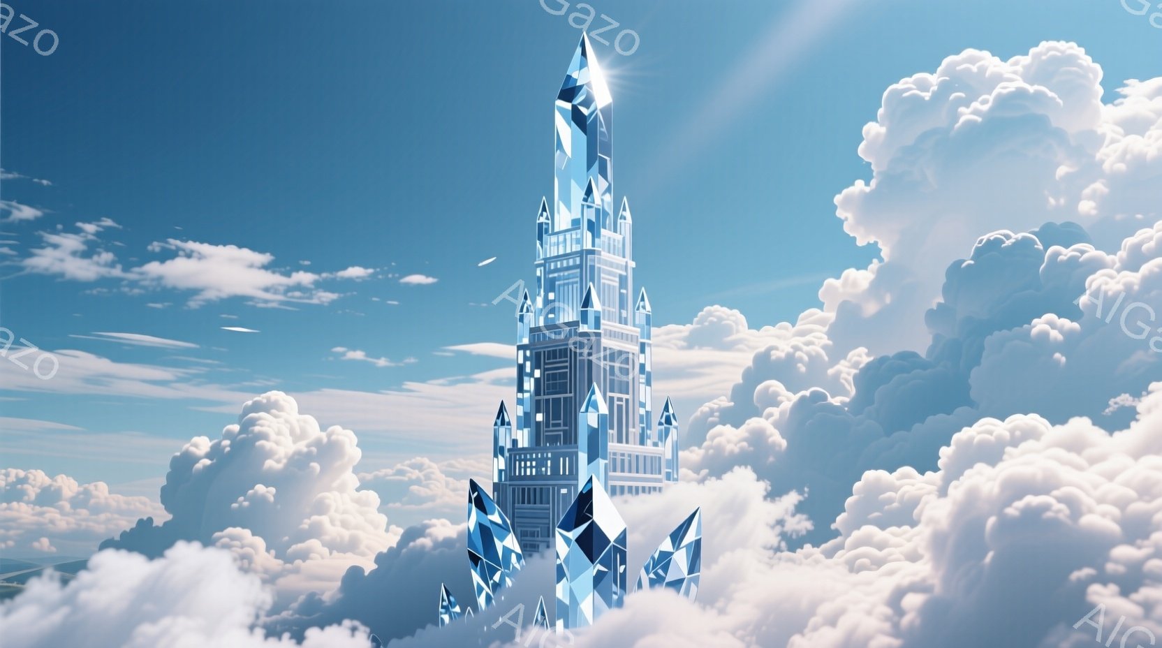 空の上にそびえ立つ、氷のような青い塔が印象的な画像です。塔は幾何学的なデザインで覆われ、尖塔は特に鋭く光を反射しています。周囲はふわふわとした白い雲に覆われ、明るい青空が広がっており、幻想的で神聖な雰囲気を醸し出しています。