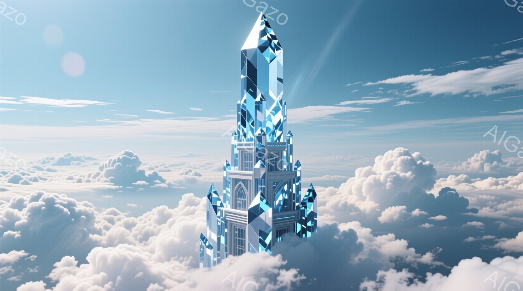 空の上にそびえ立つ、きらびやかな青色のクリスタル様式の城が印象的です。雲海を背景に、尖塔が太陽光を受けて輝き、幻想的な雰囲気を醸し出しています。城壁には繊細な装飾が施され、まるで空に浮かぶ宝石のようで - AI生成フリー素材