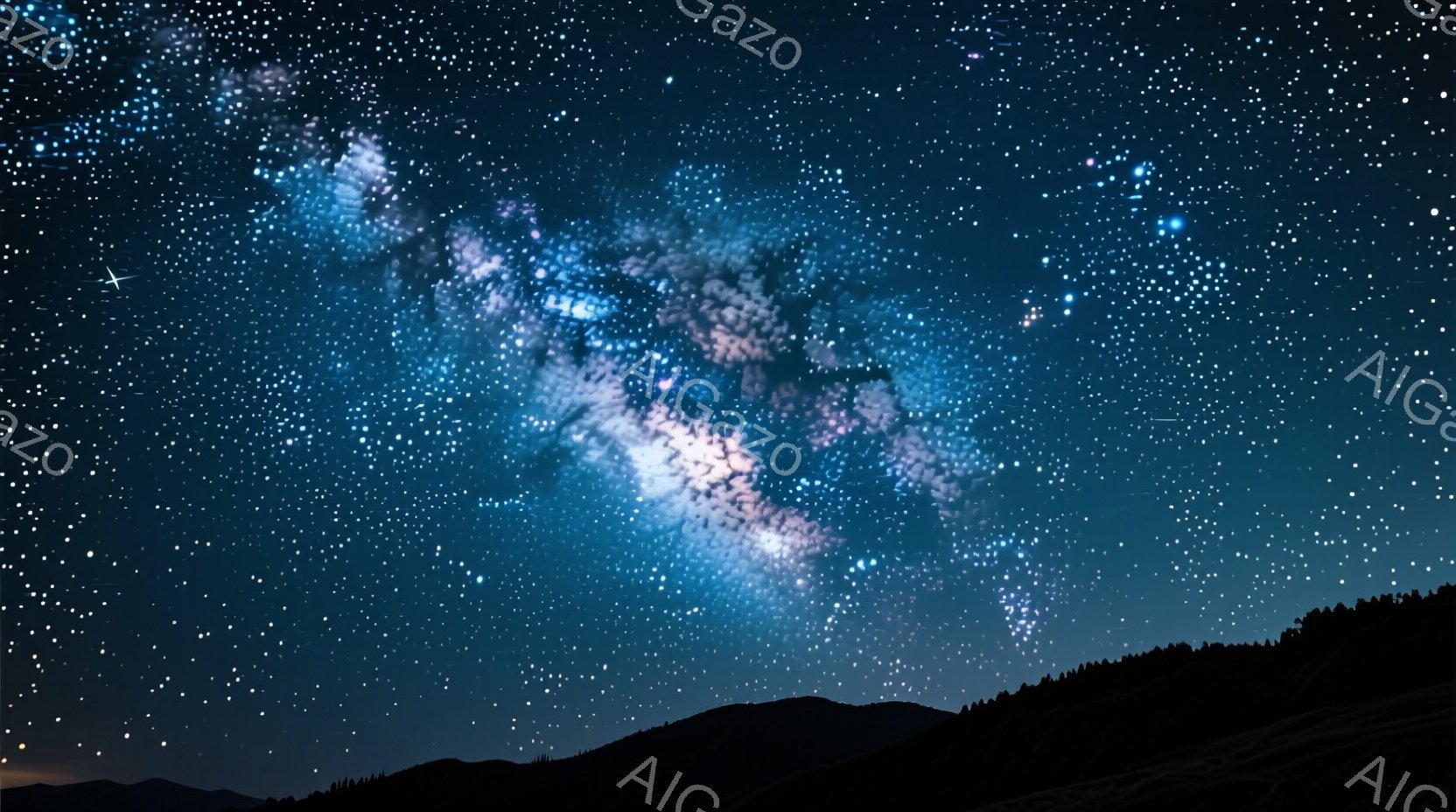 夜空には天の川が壮大に広がり、青と紫の光が渦巻いている。地平線にはシルエットで山並みが確認でき、その暗い稜線が星空とのコントラストを際立たせている。全体的に静寂で神秘的な雰囲気が漂い、自然の美しさを感じさせる。