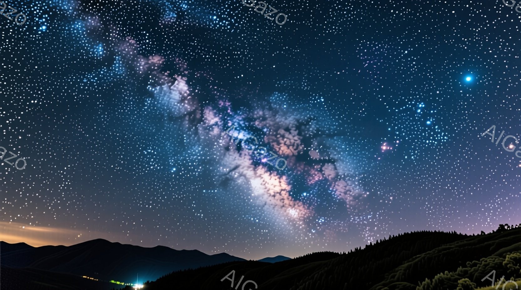 夜空には天の川が壮大に広がり、無数の星々が輝いている。地平線には暗いシルエットの山並みが連なり、遠くにはかすかに灯りが見える。全体的に静寂で神秘的な雰囲気が漂い、自然の雄大さを感じさせる。