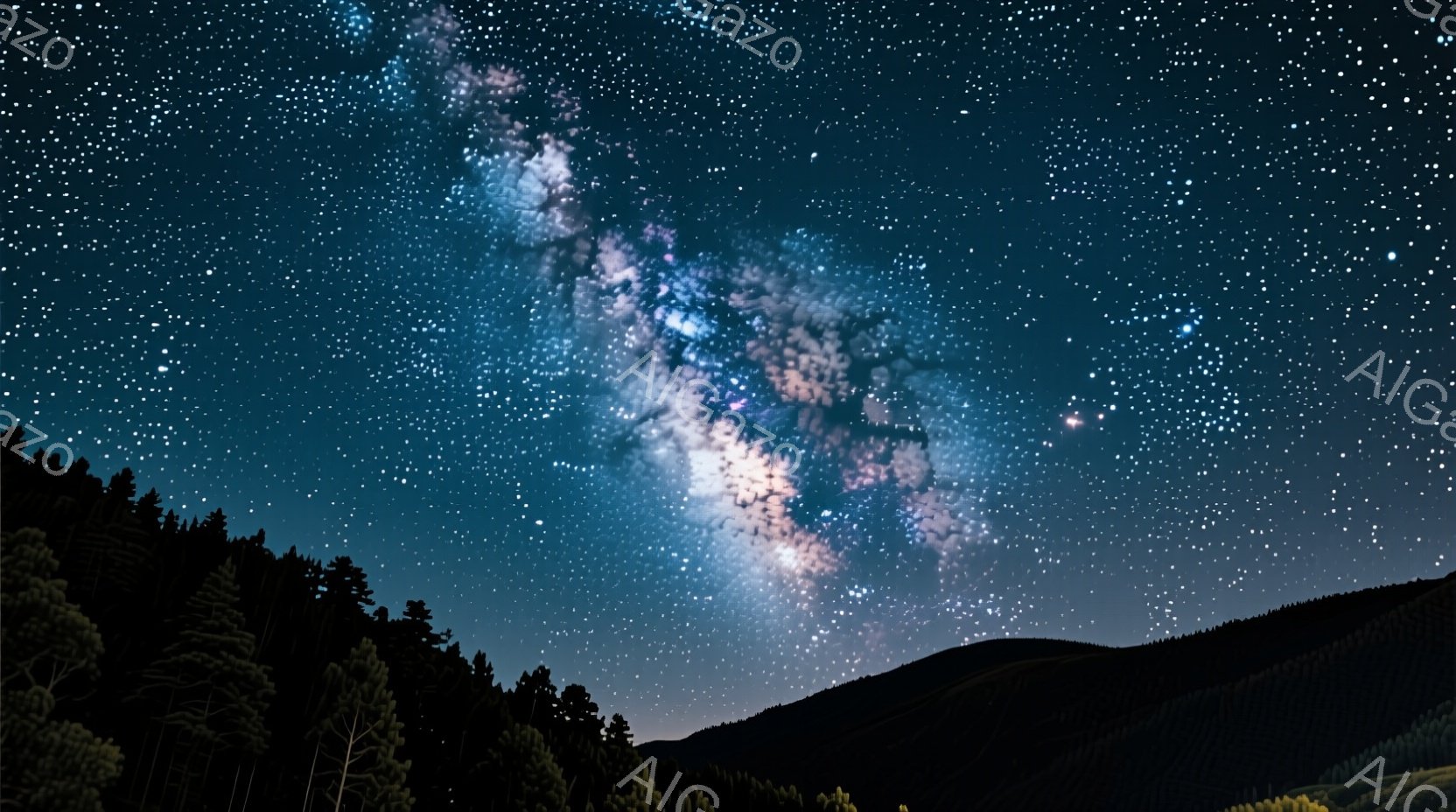 夜空には天の川が壮大に広がり、無数の星々が輝いている。地平線には暗いシルエットの山々と木々が連なり、静寂と神秘的な雰囲気を醸し出している。夜空の鮮やかな色彩と地上の暗闇がコントラストを作り、自然の美しさを際立たせている。