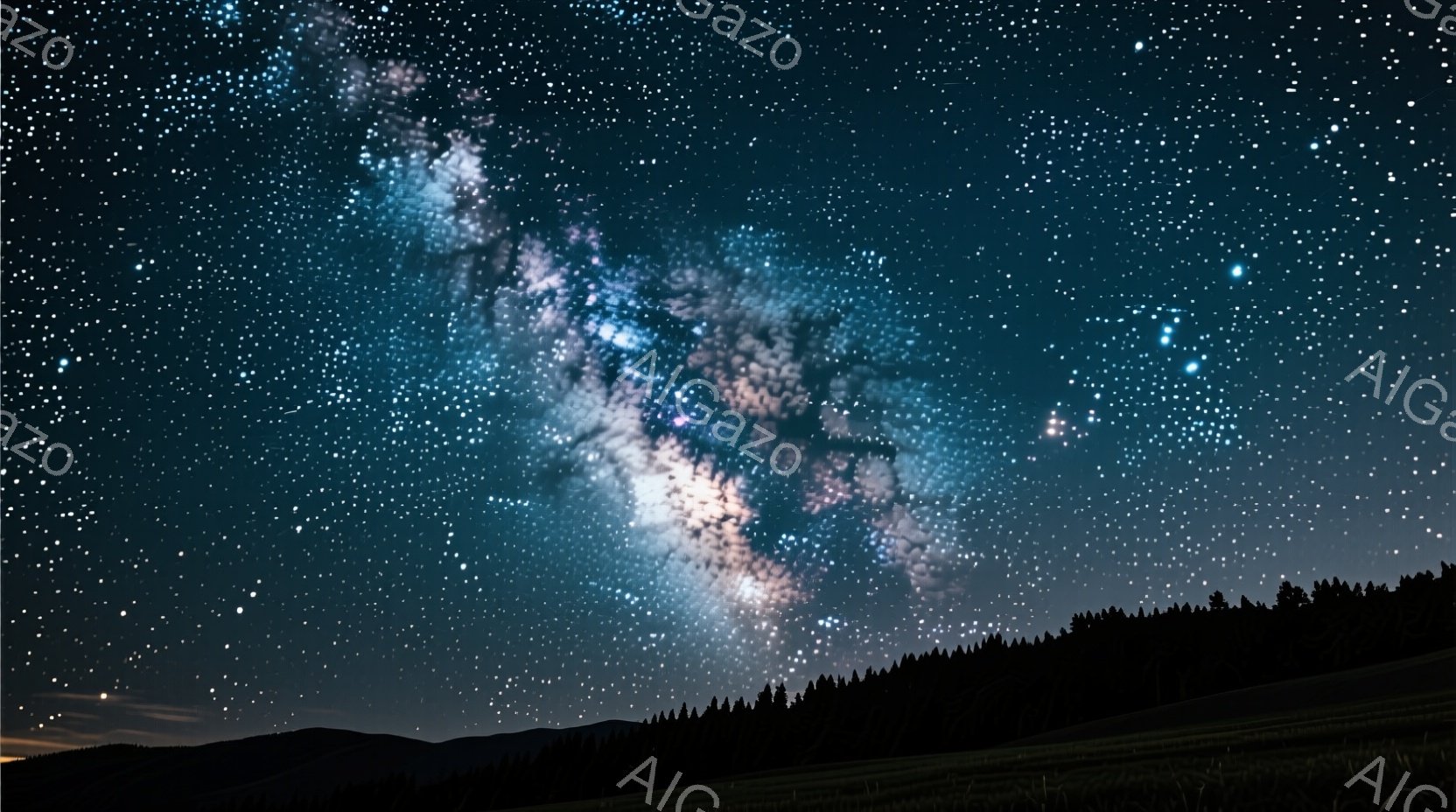 深い青色の夜空に、天の川銀河が壮大に広がっている。地平線には暗いシルエットの山並みが連なり、その上に星々が輝いている。全体的に静寂で神秘的な雰囲気が漂い、夜の自然の美しさを強調している。