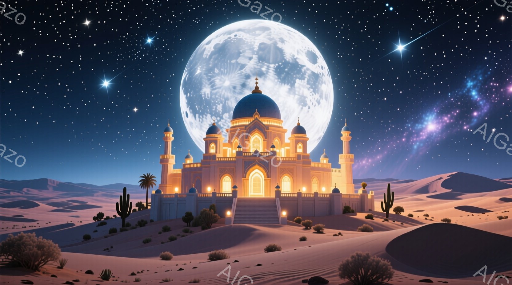 広大な砂漠の中に、壮麗な宮殿がそびえ立っています。宮殿は明るい黄金色で輝き、細部にまでこだわった装飾が施されています。夜空には満月と無数の星が輝き、幻想的で神秘的な雰囲気を醸し出しています。