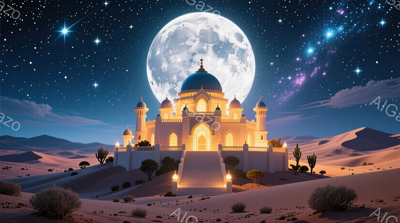 広大な砂漠の中に、白亜の壮麗な宮殿がそびえ立っている。満月が宮殿を照らし、周囲の砂丘は柔らかな光に包まれている。夜空には星々が輝き、幻想的な雰囲気を醸し出している。
