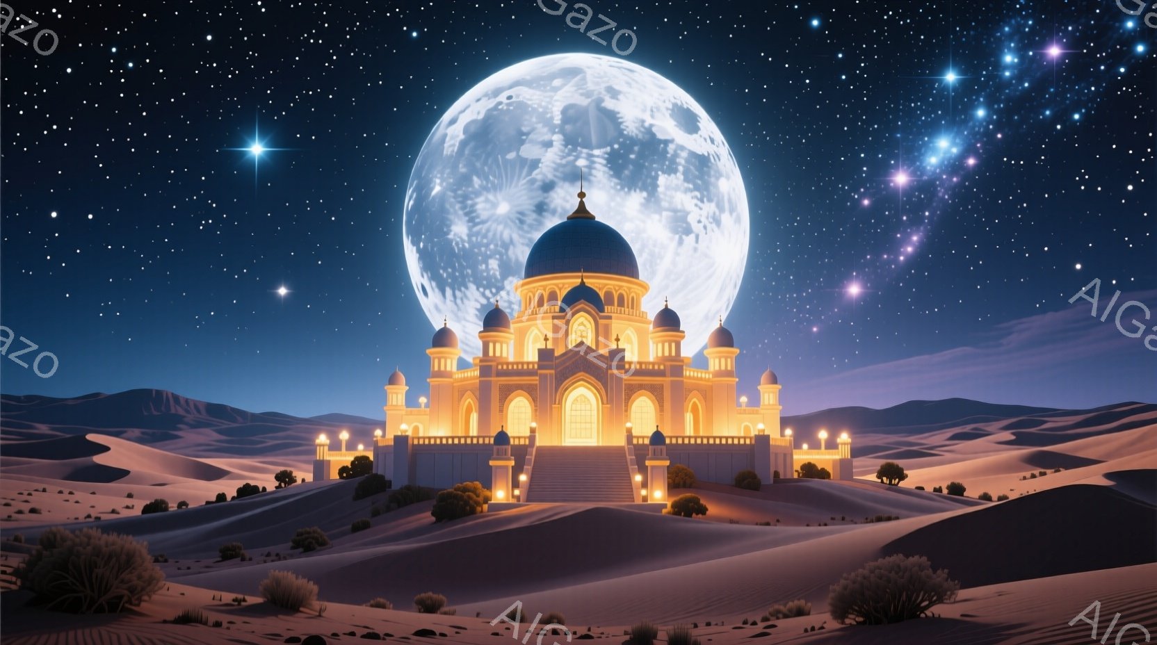 広大な砂漠の中に、黄金色に輝く壮大な宮殿がそびえ立っています。満月が空高く輝き、宮殿とその周囲を神秘的な光で照らし出しています。宮殿は複雑な装飾が施され、周囲には低木が生い茂り、荘厳で幻想的な雰囲気を醸し出しています。