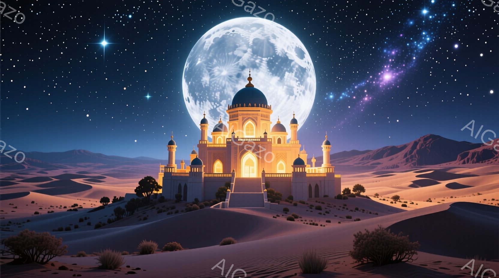 広大な砂漠の中に、壮麗な宮殿がそびえ立っている。満月が明るく照らし、宮殿の黄金色のドームとアーチが温かい光を放ち、神秘的な雰囲気を醸し出している。背景には穏やかな砂丘が広がり、星空が広がる幻想的な光景である。