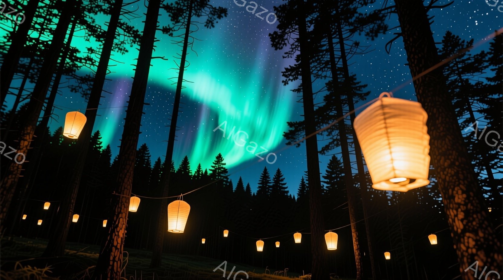 深い緑色のオーロラが、針葉樹の暗いシルエットの上で壮大に広がっています。オレンジ色の提灯が木々の間につながれ、幻想的な光の道を形成し、夜の静けさの中に温かさを添えています。星が瞬く暗闇と、提灯の柔らかな光が組み合わさり、神秘的で平和な雰囲気を醸し出しています。