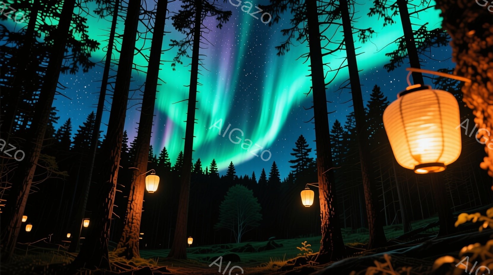 深い森の中に、温かい光を放つ提灯がいくつか吊るされています。夜空には緑と紫のオーロラが輝き、神秘的な雰囲気を醸し出しています。周囲は暗い針葉樹林に覆われ、苔むした岩や地面が夜の静けさを強調しています。