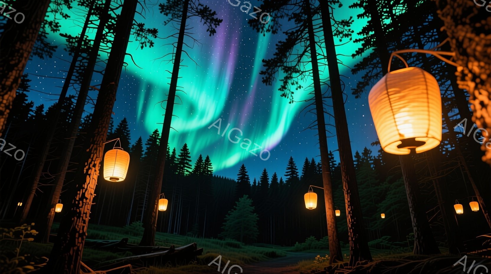 深い森の中に、幻想的なオーロラが輝き、地面には緑の草が生い茂っています。提灯が木々の間から吊るされ、温かい光を放ち、静寂で神秘的な雰囲気を醸し出しています。夜空には星々が散りばめられ、自然の美しさを強調しています。