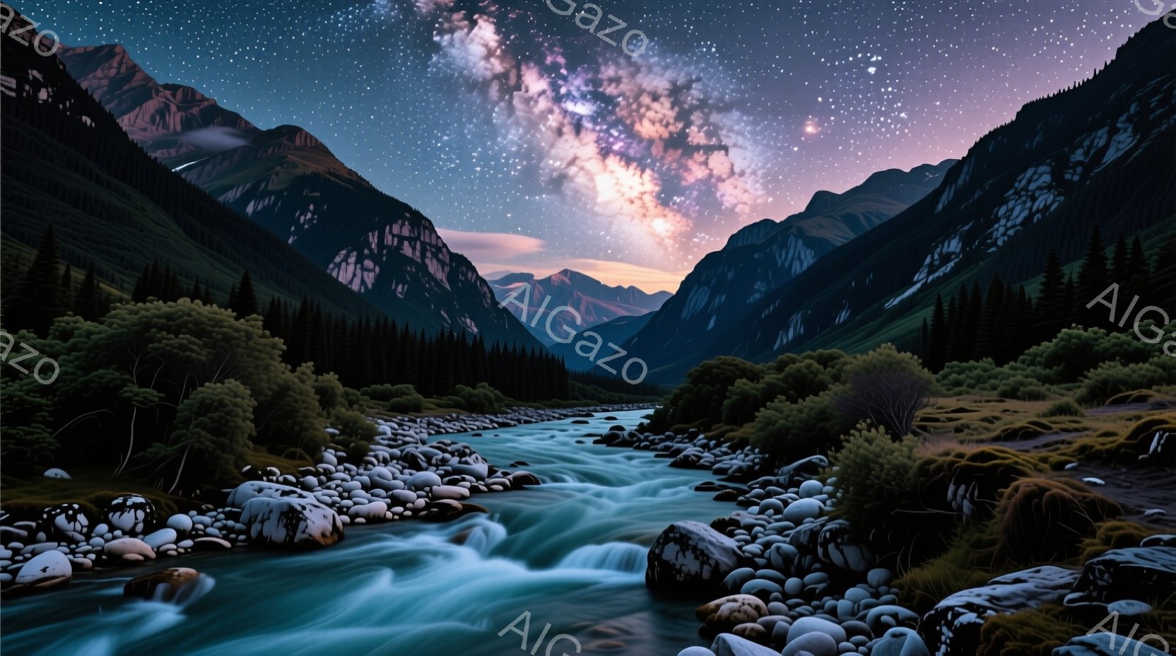 険しい山々に囲まれた渓谷を、夜空の天の川が輝いている様子が描かれている。青い水の流れが岩場を縫い、周囲の緑豊かな木々とのコントラストが美しい。全体的に静かで神秘的な雰囲気が漂い、自然の壮大さと宇宙の神秘を感じさせる。