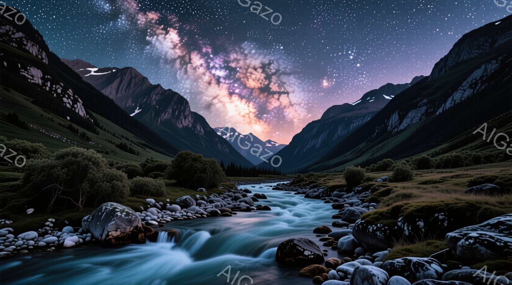 険しい山々に囲まれた谷間を、青白い水の流れが急流となって流れている。夜空には天の川が広がり、山頂を照らし、自然の雄大さと神秘的な雰囲気を醸し出している。周囲には緑豊かな草木が生い茂り、岩が点在し、静寂の中に力強さを感じさせる風景である。