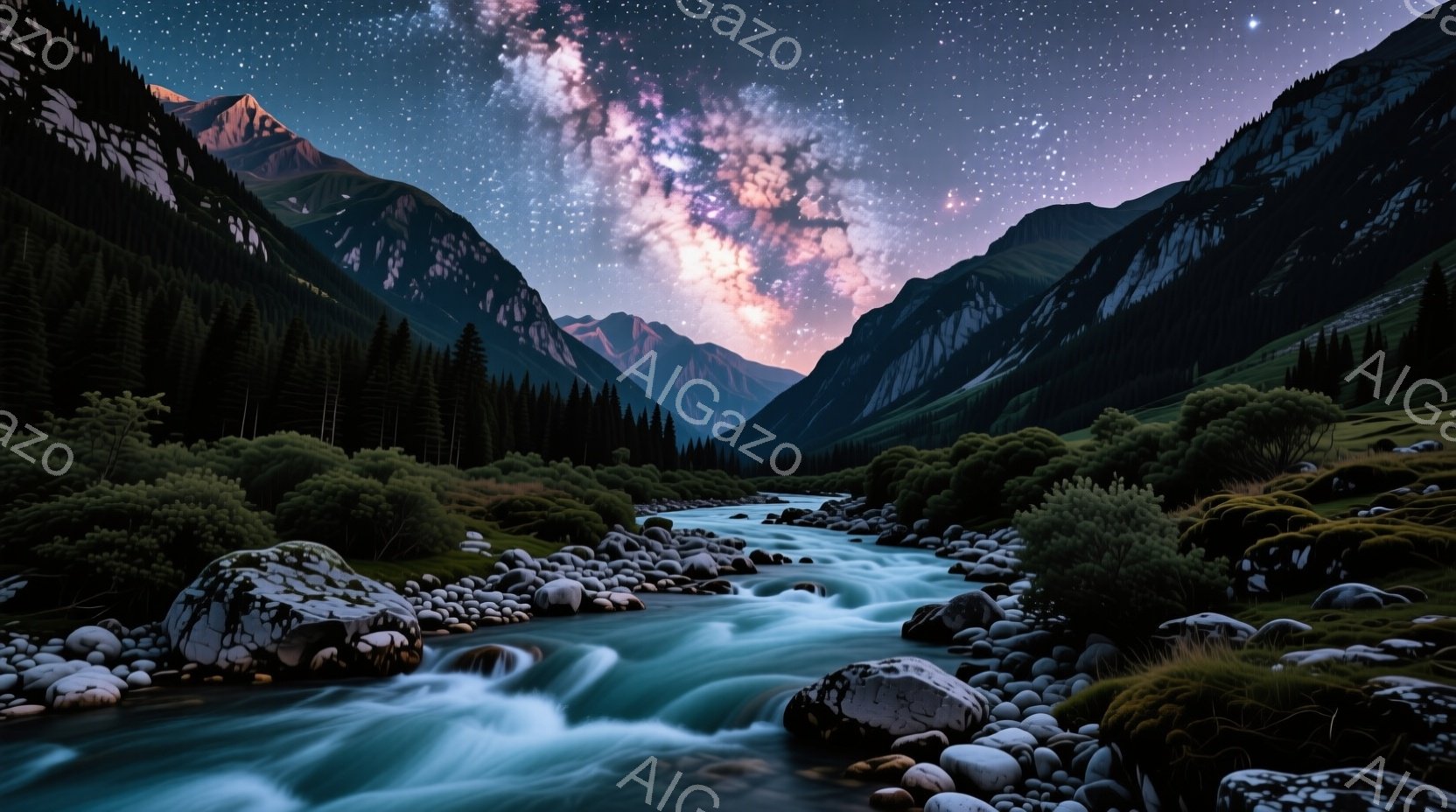 険しい山々に囲まれた渓谷を、流れが速い青い川が流れている。夜空には天の川が輝き、山々のシルエットを照らし出す。緑豊かな植生と岩石が川岸を縁取り、幻想的で静寂な雰囲気を醸し出している。
