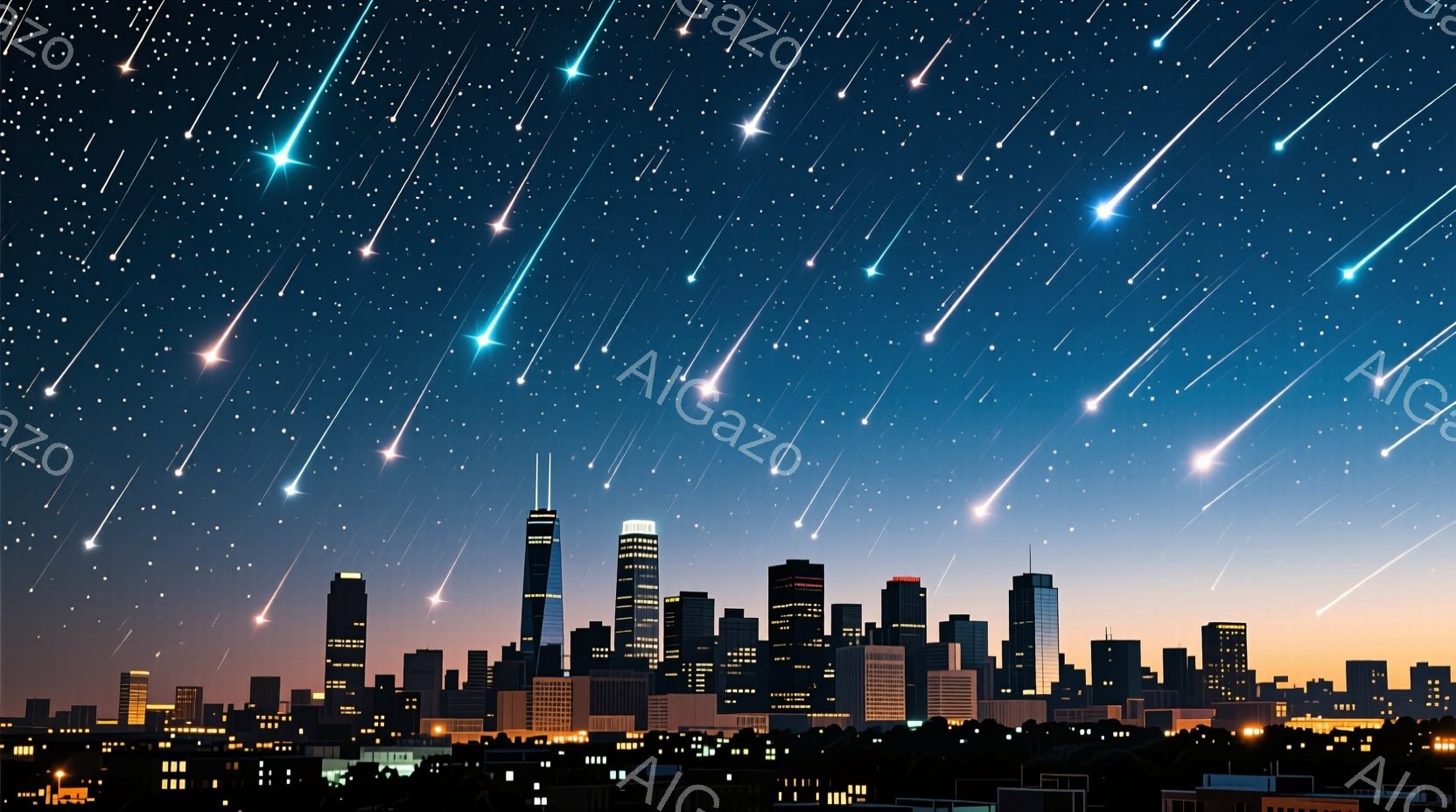夜空には無数の流れ星が輝き、都市のスカイラインを幻想的に照らしている。高層ビル群は暗闇の中にシルエットとして浮かび上がり、一部の窓には灯りが灯っている。全体的に、都市と夜空が織りなす静かで美しい雰囲気が感じられる。