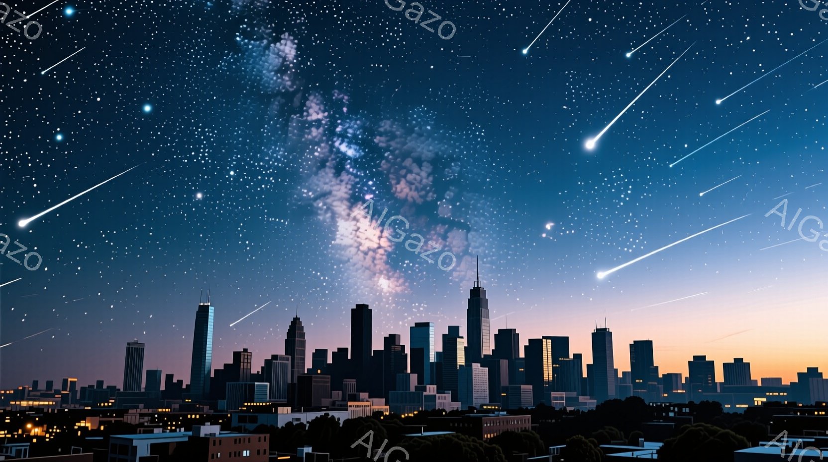 夜空には天の川が広がり、無数の流れ星が都市の上空を横切っている。下には、高層ビル群がシルエットとなって並び、オレンジ色の地平線が夜空とのコントラストを生み出している。全体的に幻想的で、どこかノスタルジックな雰囲気を感じさせる夜景だ。