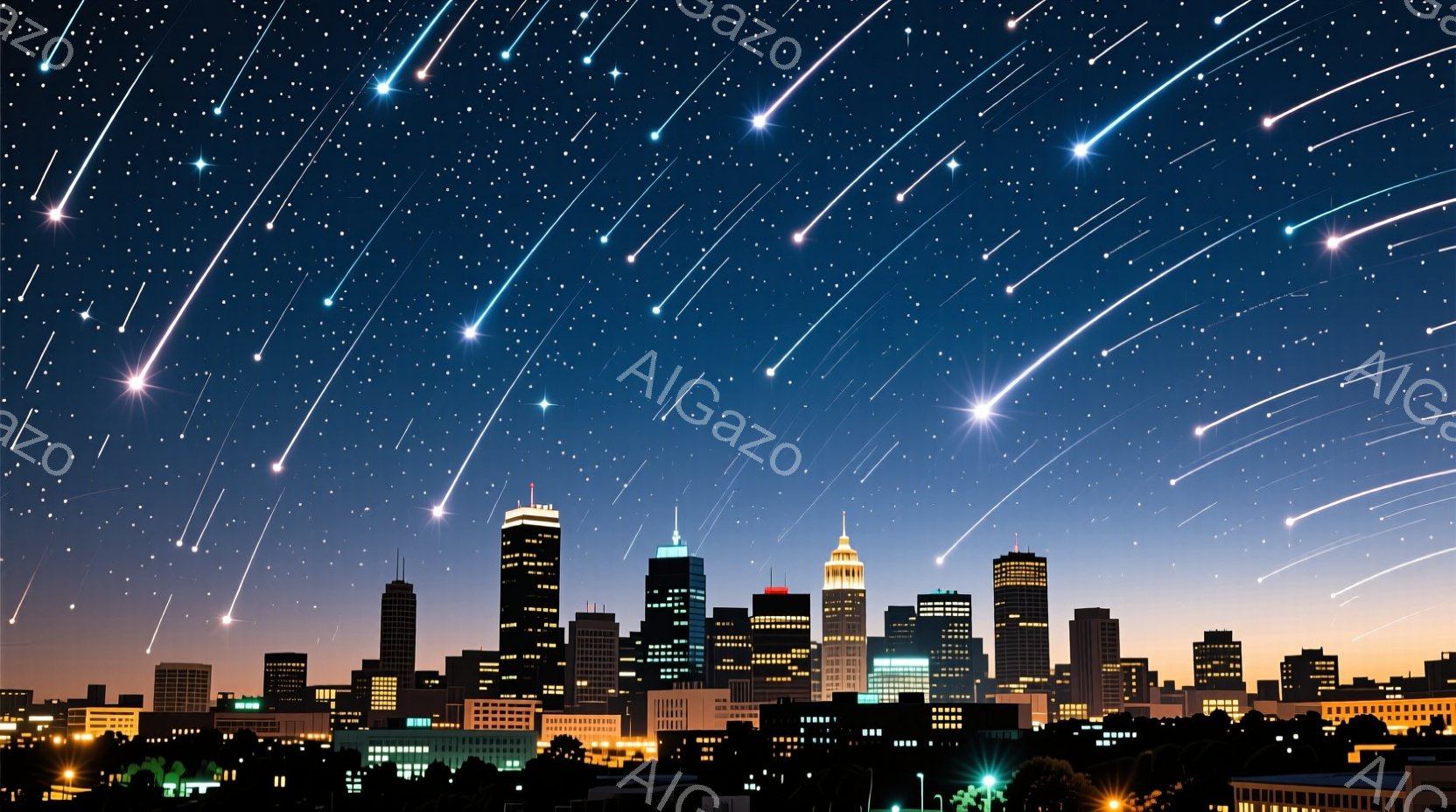 夜空には無数の流れ星が輝き、都市のスカイラインを照らしています。高層ビル群は窓明かりで賑わっており、地平線は薄暗いオレンジ色に染まっています。全体的に、幻想的でロマンチックな雰囲気であり、夜空の流れ星が都市の夜景に魔法のような輝きを与えています。
