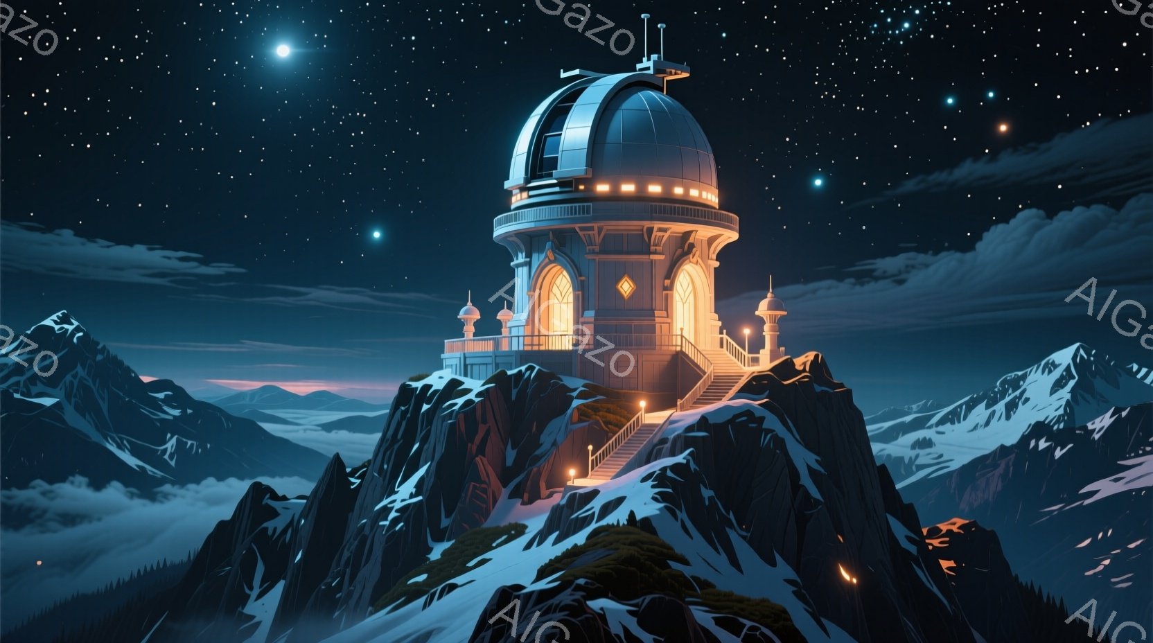 険しい山頂に、壮麗な天文台がそびえ立っている。周囲は雪に覆われ、遠くには雲海が広がり、夜空には星が煌めいている。建物は暖色の光で照らされ、荘厳でありながらもどこか神秘的な雰囲気を漂わせている。