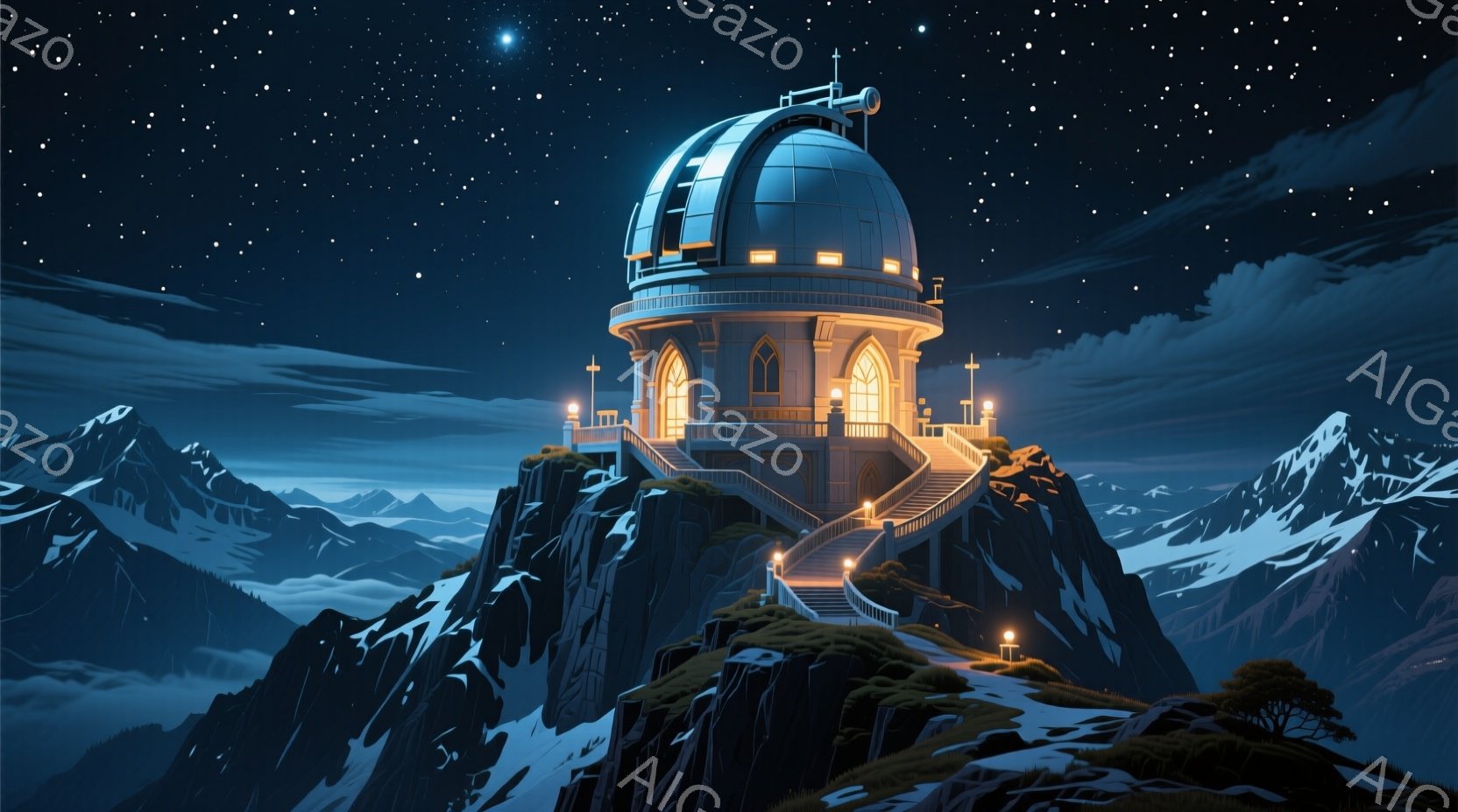 岩山の頂上に堂々とした天文台が建っており、夜空には星々が輝いている。天文台はベージュ色の石造りで、ドーミ型の屋根が特徴的で、周囲には階段と灯りが配置されている。背景には雪を抱いた山々が連なり、幻想的で - AI生成フリー素材
