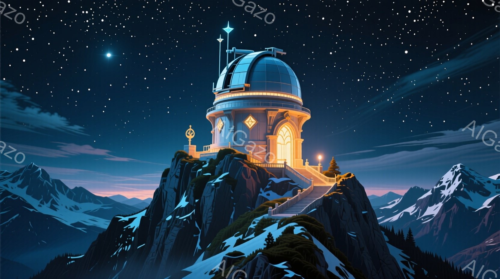 険しい山頂に堂々とそびえ立つ天文台が印象的で、暖かい光が窓から漏れ出している。雪を抱いた山々と暗い夜空が広がり、星が輝いている。建物は白と金色の装飾が施され、荘厳で神秘的な雰囲気を醸し出している。
