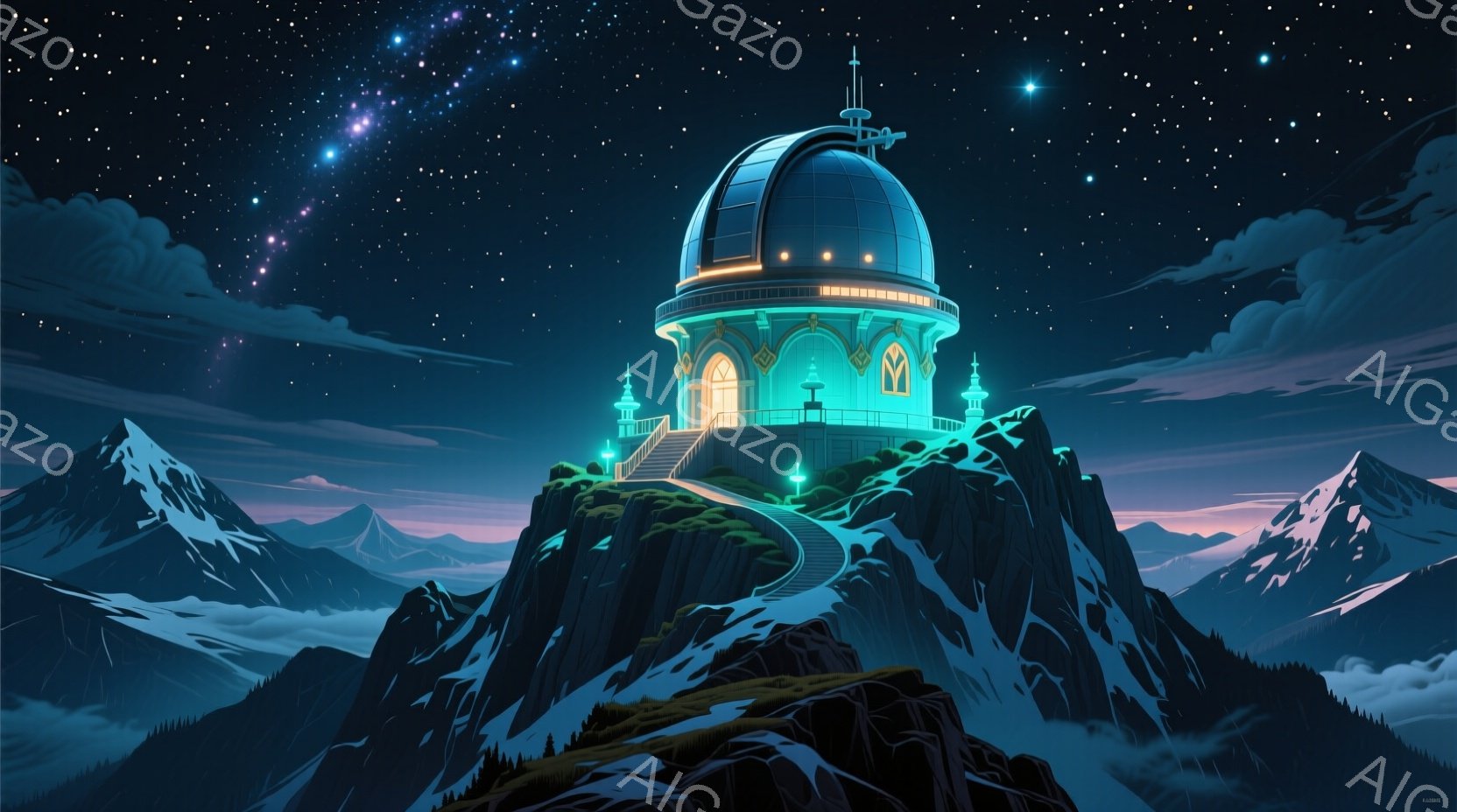 険しい山頂に、青緑色の天文台がそびえ立っている。天文台には複雑な装飾が施され、夜空には星や銀河が輝き、幻想的な雰囲気を醸し出している。山肌は緑と茶色のグラデーションで覆われ、雪を抱いた山々が遠くに見える。