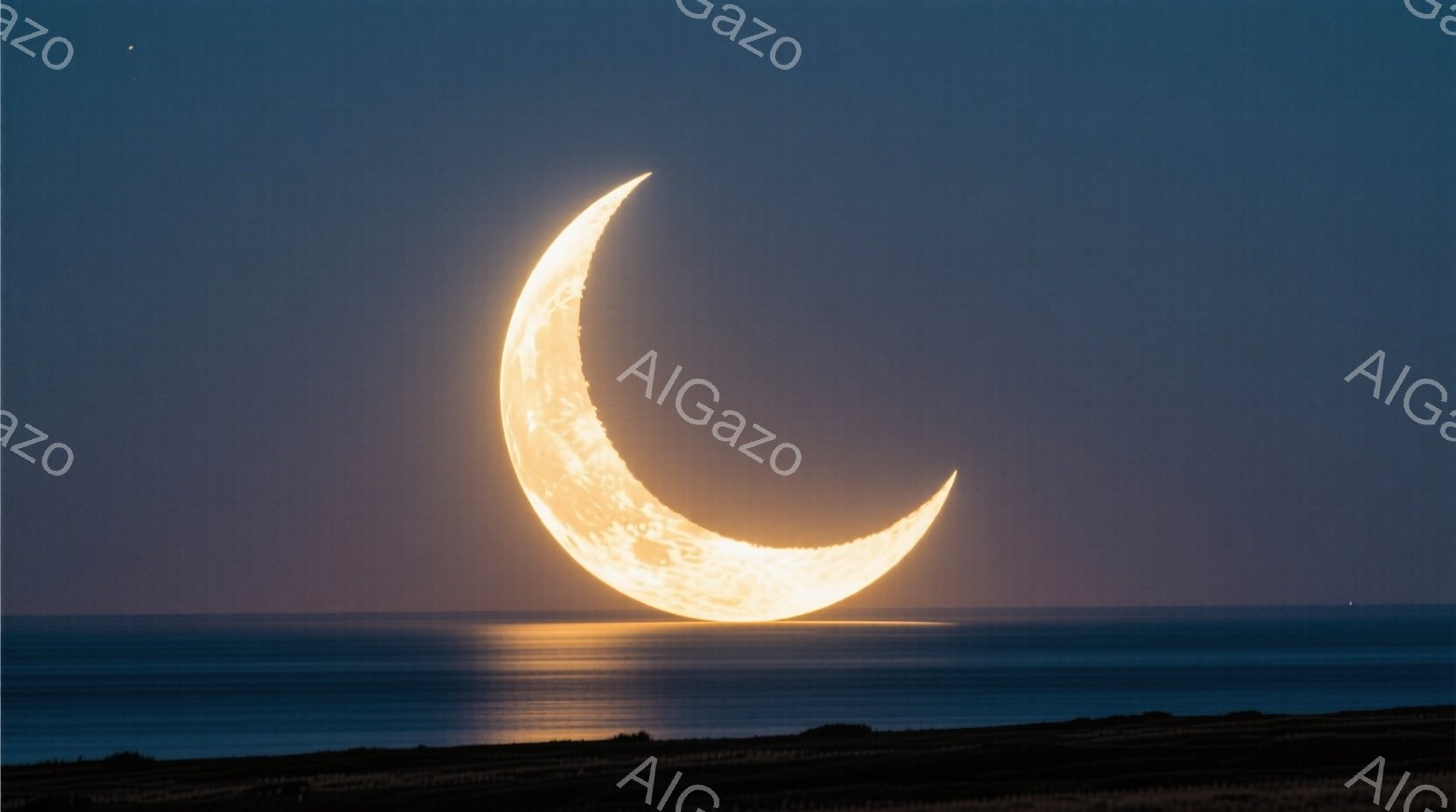 明るい三日月が水平線の上に大きく浮かび、海面に光の道を引いている。暗いシルエットの海岸線が下部に走り、夜空は穏やかな青色を帯びている。全体的に静かで神秘的な雰囲気が漂い、自然の美しさが際立っている。