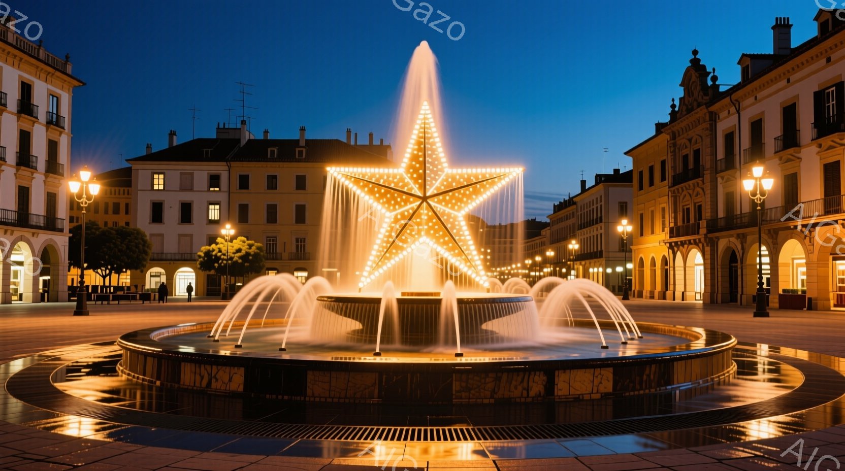 広場の中心には、光り輝く星型の噴水があり、水が周囲に広がっている。周囲には、アーチ型の入り口を持つ古典的な様式の建物が並び、夜空には淡い光が広がっている。全体的に、落ち着いた夜の雰囲気で、街並みが光に照らされ、静かで穏やかな印象を与える。