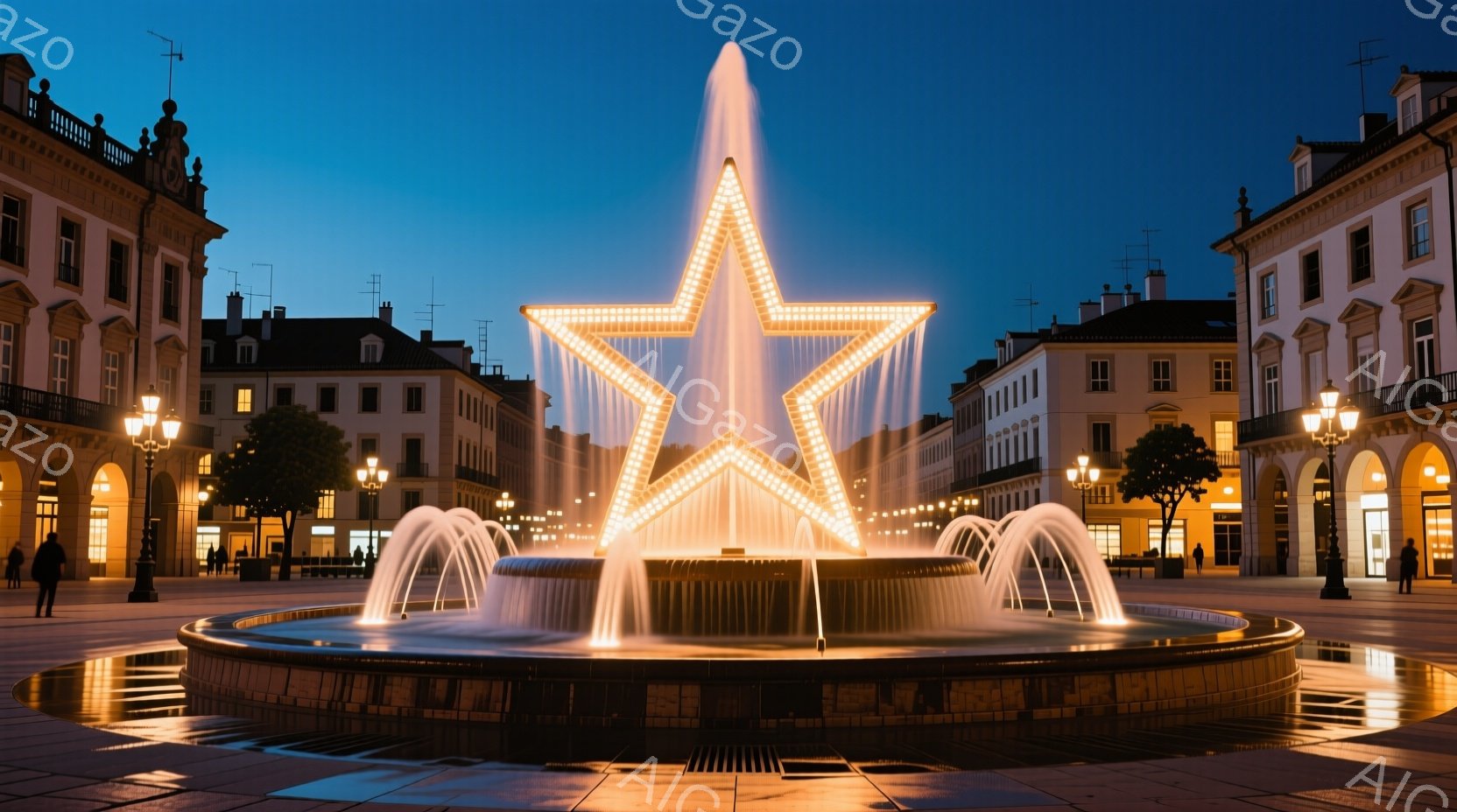 広場の中央には、光り輝く星型の噴水がそびえ立ち、水が放射状に噴き出している。周囲には、アーチ型の窓が並んだクラシカルな建物が立ち並び、薄暗い空の下で荘厳な雰囲気を醸し出している。広場には数人の人々が散策しており、穏やかで静寂な夜の光景が広がっている。