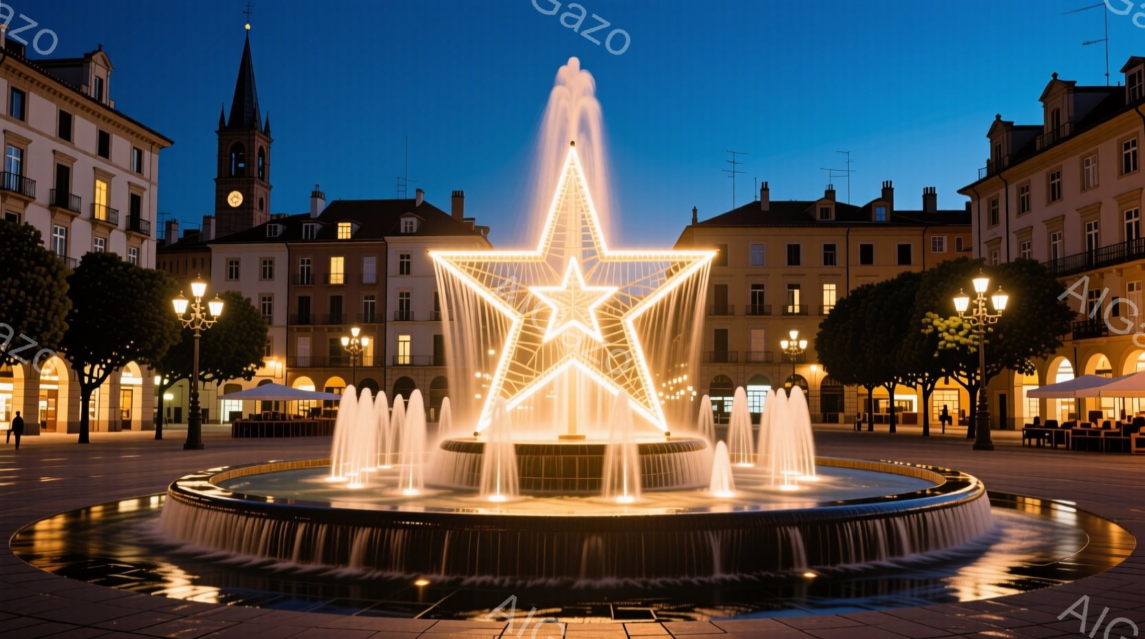 広場の中央には星型の噴水があり、夜間にライトアップされて幻想的な雰囲気を醸し出しています。周囲には整然と並んだ建物があり、遠くには時計塔が見え、晴れた夜空が広がっています。噴水の水しぶきとライトが組み合わさり、静かで美しい情景を作り出しています。