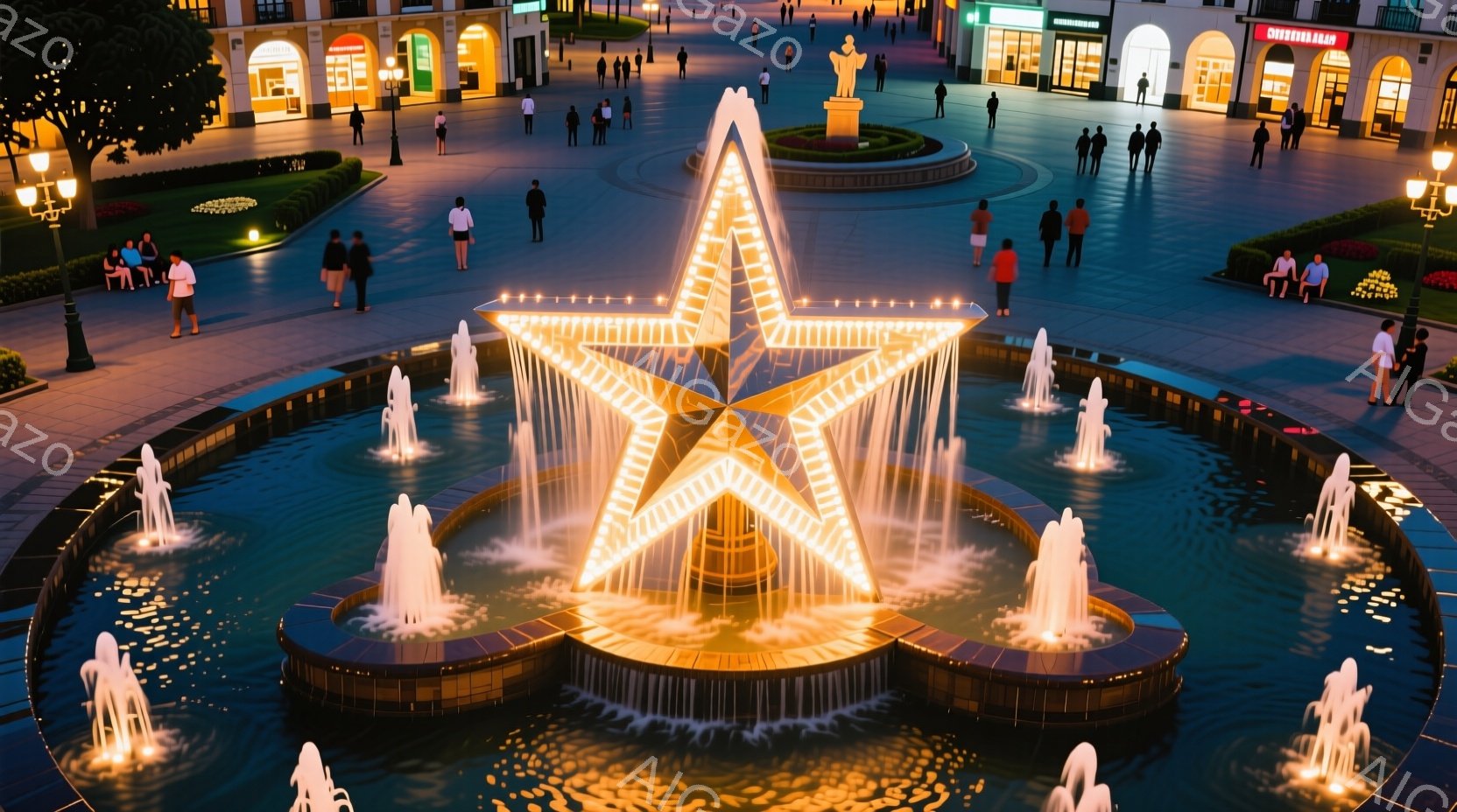 広場の中央には、ライトアップされた大きな星形の噴水が設置されており、周囲には水が流れ落ちています。多くの人々が広場を散策しており、カジュアルな服装でリラックスした様子で、楽しんでいるよう見えます。背景には、アーチ型の建物や緑豊かな植栽が見られ、夜の穏やかな雰囲気の中で、活気と安らぎが共存する様子が伺えます。
