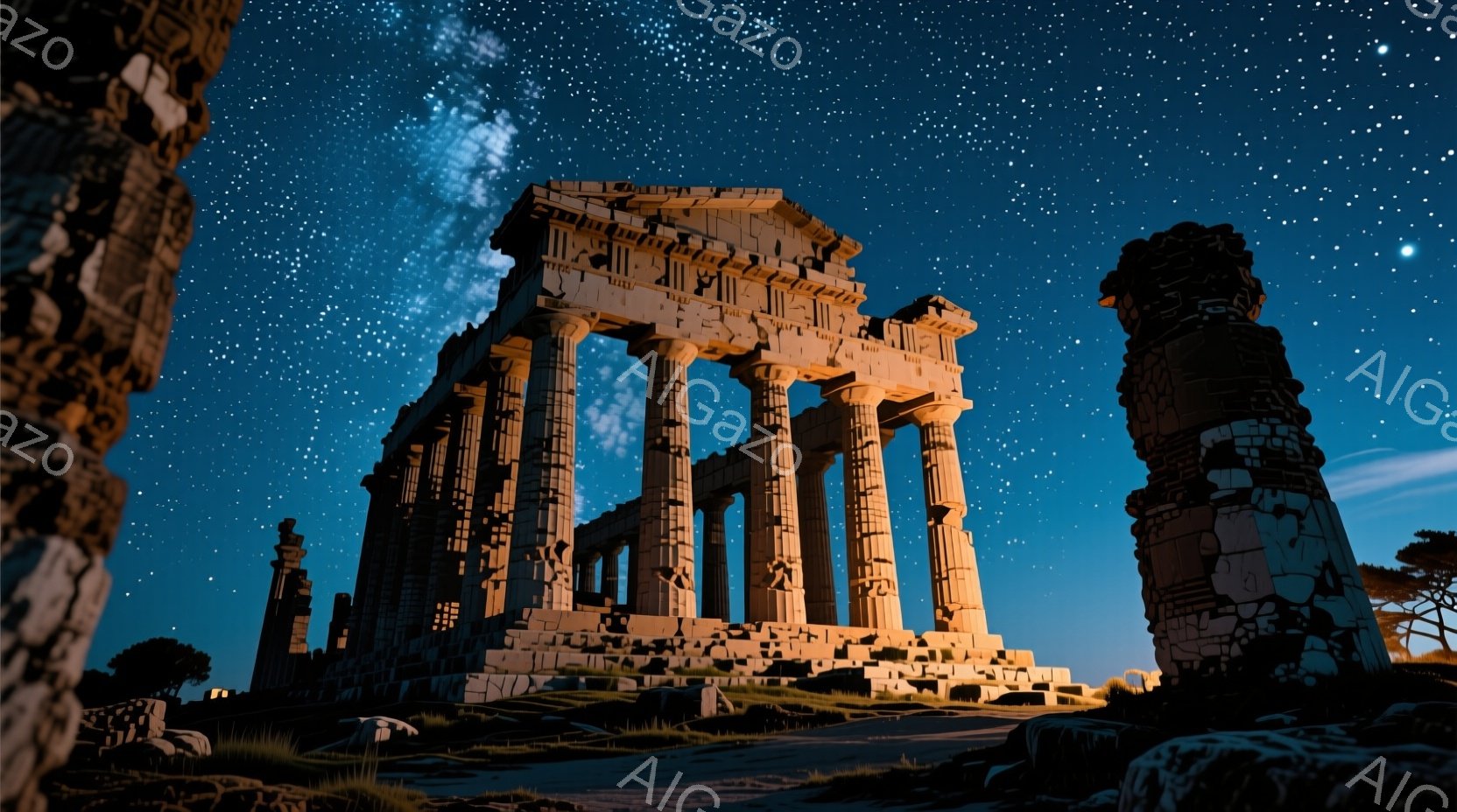 古代ギリシャ風の神殿が夜空の下、荘厳にそびえ立っている。神殿は白く輝き、コラムと彫刻が詳細に描かれ、周囲には岩や灌木が生い茂っている。星空が神殿を照らし、幻想的で神秘的な雰囲気を醸し出している。