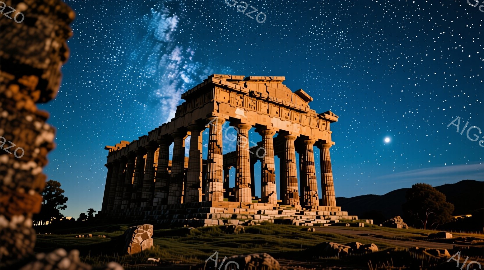 古代ギリシャの神殿が、夜空の下、壮大にそびえ立っている。星空と天の川が神殿の背後を彩り、静寂と神秘的な雰囲気を醸し出している。 神殿の周囲は緑の丘陵に囲まれ、廃墟となった石組みが散らばっており、歴史の重みを感じさせる。