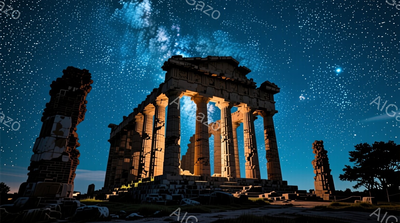 古代の神殿が、夜空の下で荘厳にライトアップされています。柱や断片が残る神殿は、深い青色の空と星空とのコントラストで、過去の栄光と神秘的な雰囲気を漂わせています。周囲にはわずかな植生が見られ、神殿の荘厳さを際立たせています。