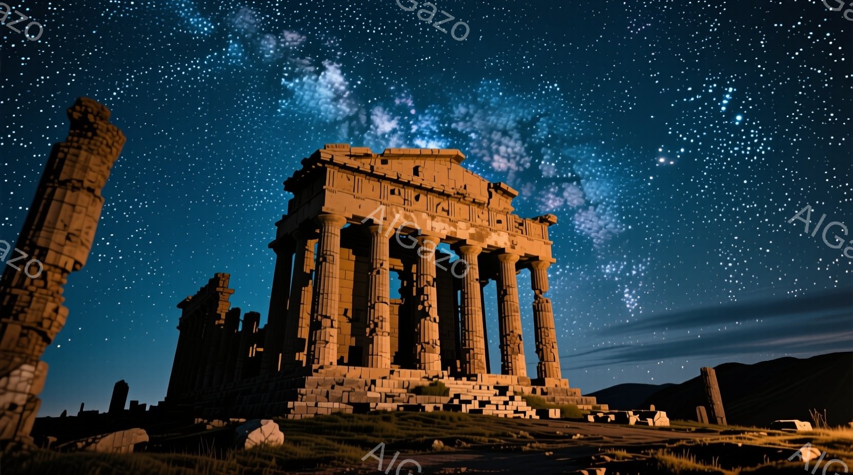 古代の神殿が夜空の下にそびえ立ち、その壮大な姿は時間の流れを感じさせる。星空が神殿を照らし出し、周囲の荒野は静寂に包まれている。遺跡の残骸と、遠くに見える山々が、神殿の歴史と孤高の雰囲気を強調している。