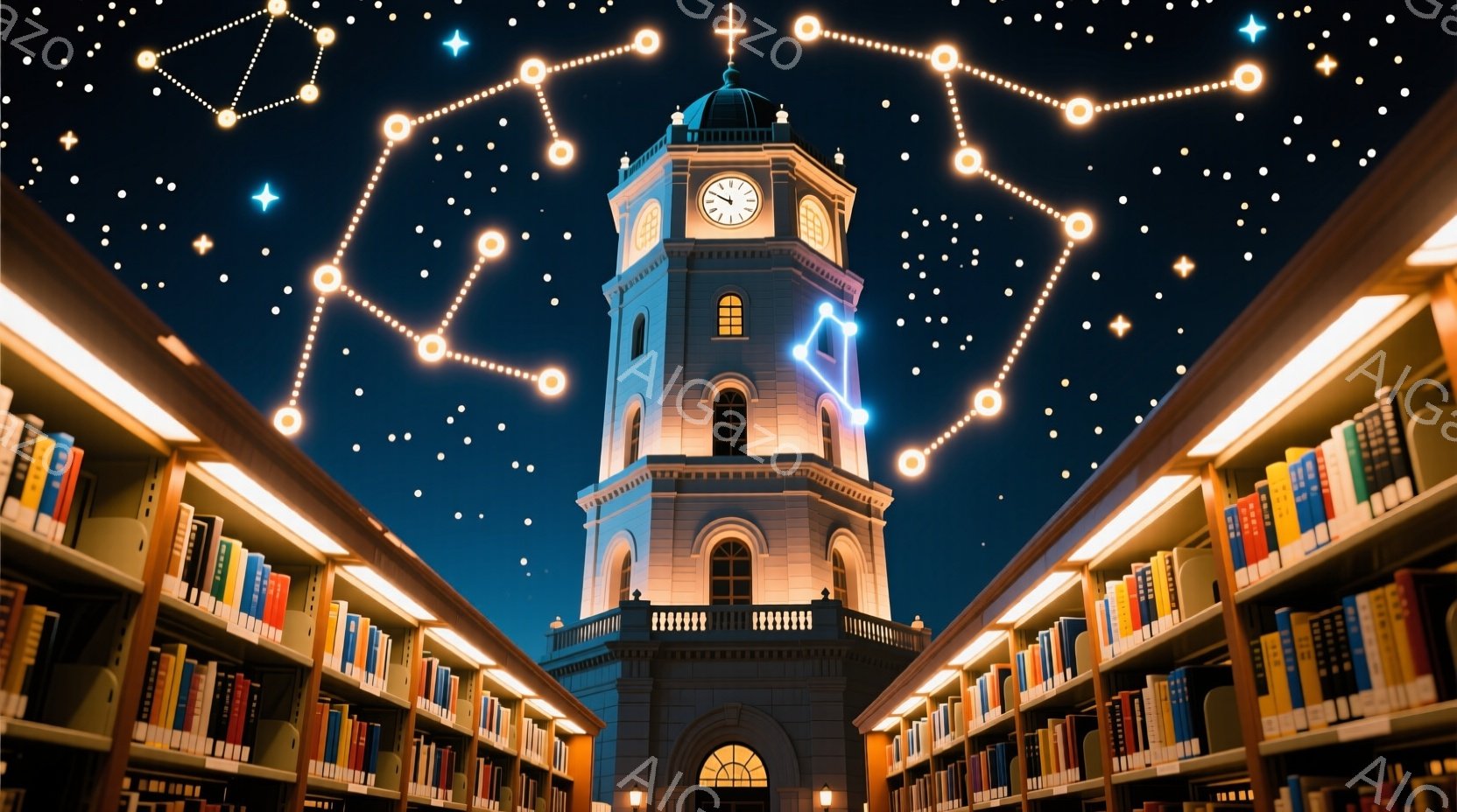 夜空を背景に、図書館のような場所から見上げる塔が印象的な画像です。塔はライトアップされ、星空と繋がるように星座が描かれています。図書館の書棚は明るく照らされ、幻想的で知的な雰囲気を醸し出しています。