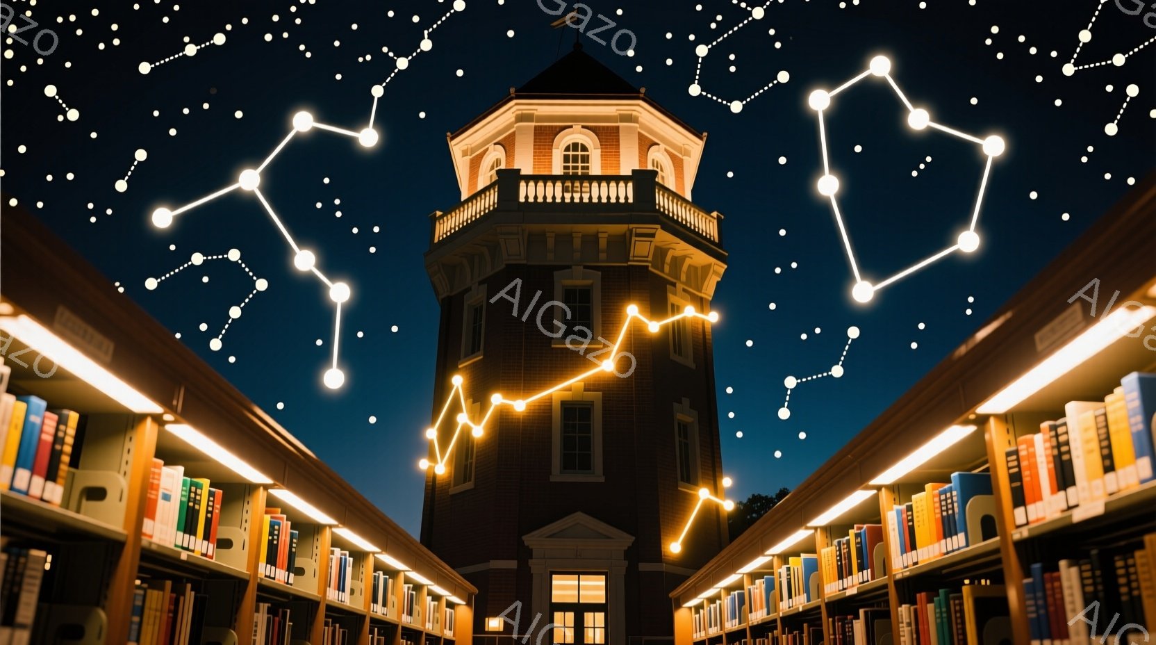 夜空を背景に、図書館のような場所からそびえ立つ塔が写っている。塔は暗いレンガ造りで、各階に窓があり、内部は明るく照らされている。周囲には本棚が並び、天井からは暖色系の照明が灯り、星空と合わせて幻想的な雰囲気を醸し出している。
