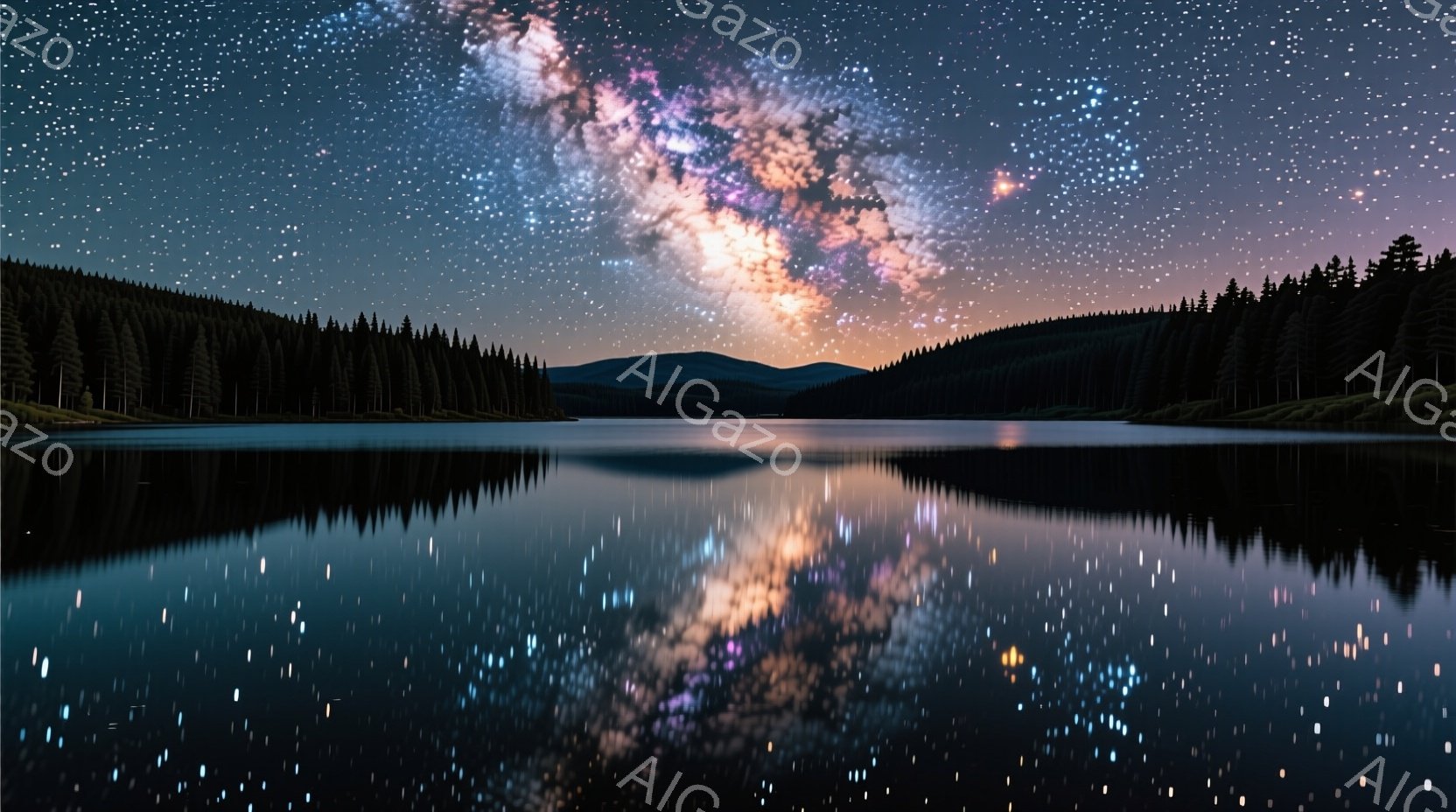 静かな湖面に天の川が映り込み、息をのむほど美しい光景が広がっている。周囲を覆う深い緑の森林と、星空のコントラストが幻想的な雰囲気を醸し出している。水面に散らばる無数の光は、まるで湖自体が夜空の一部であるかのような錯覚を覚える。