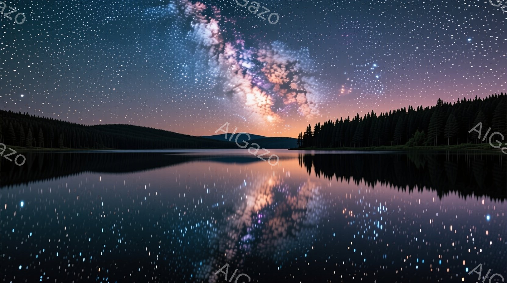 漆黒の湖面が夜空の星々を映し出し、天の川が湖上を流れるように輝いている。湖を取り囲む深い緑の森林と、遠くに見える山々のシルエットが、静寂で神秘的な雰囲気を醸し出している。星明かりが水面に散りばめられ、幻想的で美しい光景を作り出している。