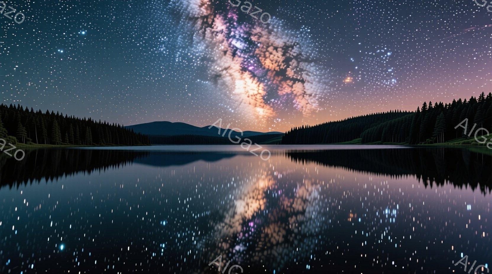 静かな湖面が夜空の天の川を完璧に映し出し、幻想的な光景を作り出している。周囲には暗い緑色の山々が立ち並び、夜空には無数の星が輝いている。湖面には天の川の鮮やかな色彩が点々と反射し、静寂と神秘的な雰囲気が漂っている。