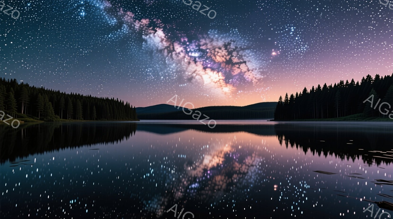 静かな湖が夜空の天の川を映し出しており、湖面には無数の星が煌めいている。周囲は暗い緑の山々に囲まれ、夜空はピンクと紫のグラデーションで彩られ、幻想的な雰囲気を醸し出している。静寂と神秘に満ちた、息をのむような美しい光景だ。
