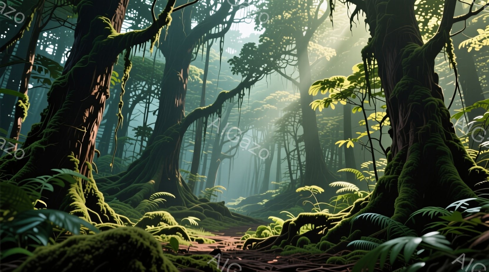 鬱蒼とした熱帯雨林が描かれており、巨大な木の根や蔦が地面を覆っている。光が木々の間から差し込み、神秘的で幻想的な雰囲気を醸し出している。緑豊かな植物が生い茂り、生命力に満ち溢れた自然の息吹を感じさせる。