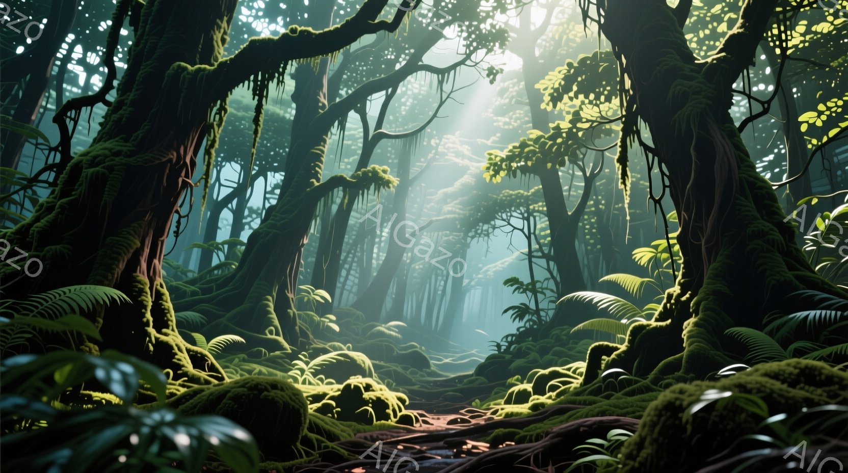 鬱蒼とした熱帯雨林が広がり、巨大な木々の幹には緑色の苔が分厚く覆われている。地面は根や葉で覆われ、光が差し込むことで幻想的な雰囲気を醸し出している。湿度の高い空気を感じさせる、緑と光が織りなす神秘的な空間である。