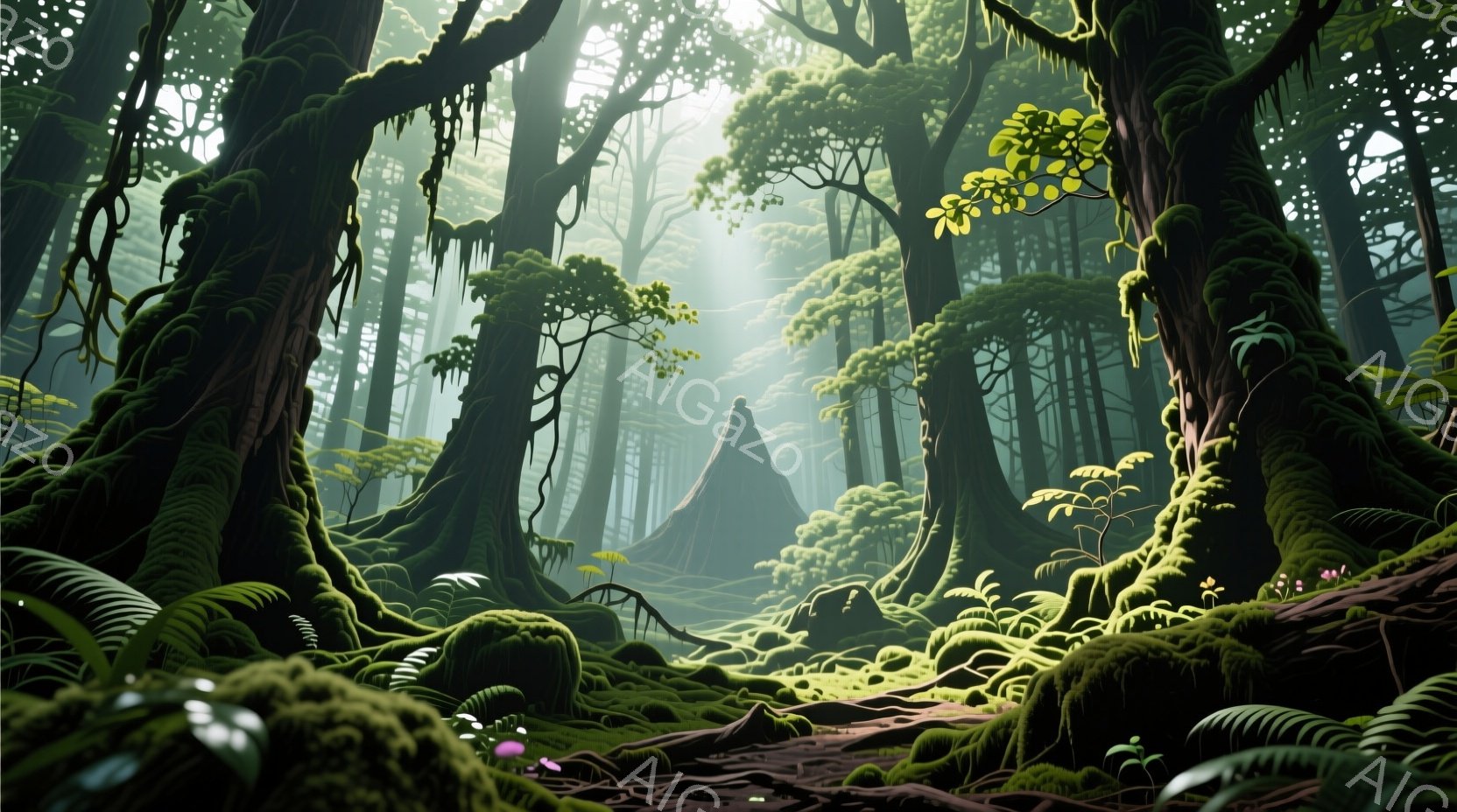 深い森の中に、フードを深く被った人物が立っている。周囲の木々は苔むし、根が露出しており、湿った土と多様な植物が生い茂っている。光線が木々の間から差し込み、神秘的で幻想的な雰囲気を醸し出している。