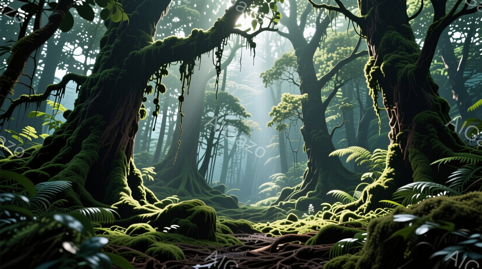 鬱蒼とした熱帯雨林の風景が広がっており、巨大な木の根が地面を覆い、鮮やかな緑色のコケとシダ植物が豊富に生い茂っている。太陽光線が木々の間から差し込み、幻想的な光の筋を作り出し、湿り気のある空気と神秘的な雰囲気を醸し出している。根と植物の複雑な絡み合いが視覚的な奥行きを生み出し、自然の力強さと静寂さを感じさせる。