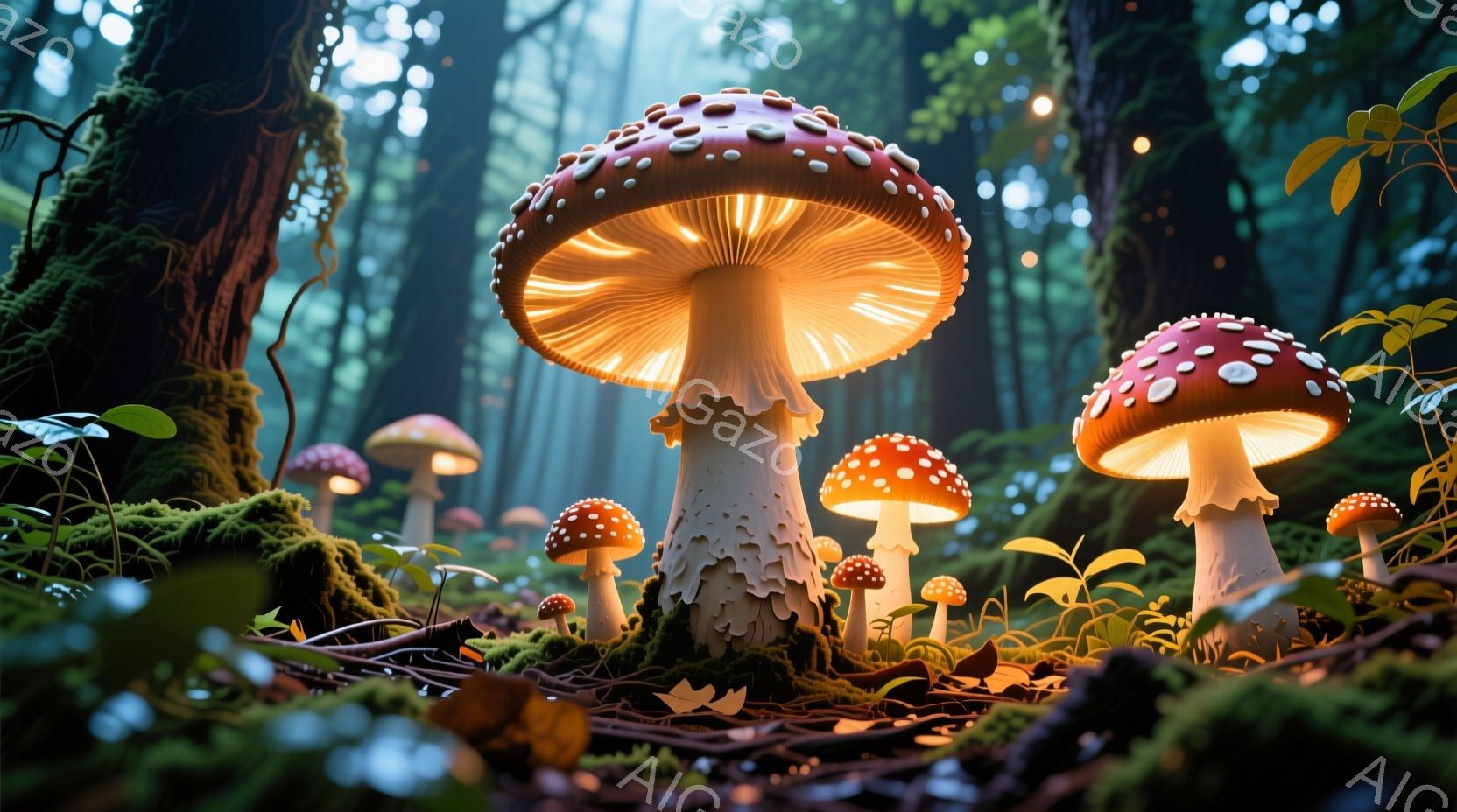 鮮やかな赤い傘と白い点々模様を持つキノコが、緑豊かな森の中に点在している。キノコは内部から光を放ち、幻想的な雰囲気を醸し出している。背景には、苔むした木々や葉が生い茂り、まるで魔法の森のような神秘的な空間が広がっている。