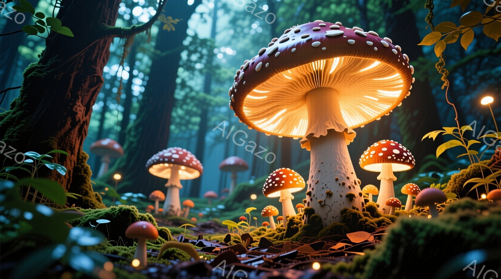 鮮やかな緑の苔と落ち葉に覆われた森の中に、様々な大きさのキノコが生い茂っている。最も大きなキノコは赤地に白い水玉模様で、内部から光を放ち、幻想的な雰囲気を醸し出している。背景は暗い緑色で、キノコの光が森を照らし出し、神秘的で静かな空間を作り出している。