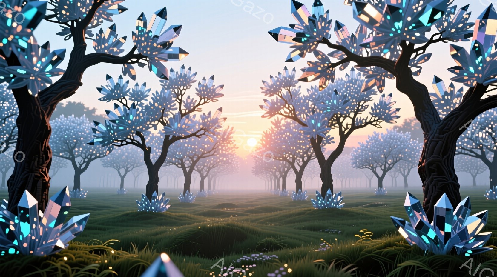 霧がかった緑の草原に、光り輝く結晶のような葉を持つ木々が生い茂っている。夕焼けのオレンジ色が空を染め、木々の結晶がその光を反射し、幻想的な雰囲気を醸し出している。地面には小さな花々が点在し、クリスタル - AI生成フリー素材